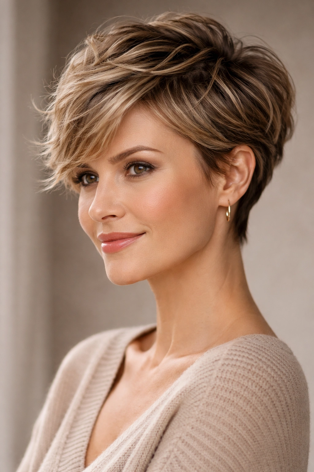 Close-up of a pixie cut with soft waves enhancing natural texture