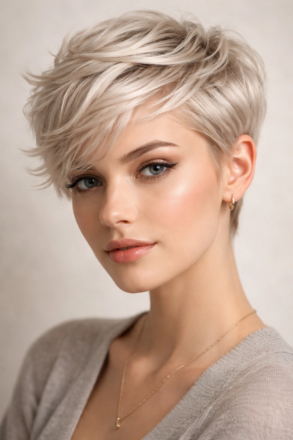 Close-up of platinum blonde soft waves pixie hairstyle with gentle waves