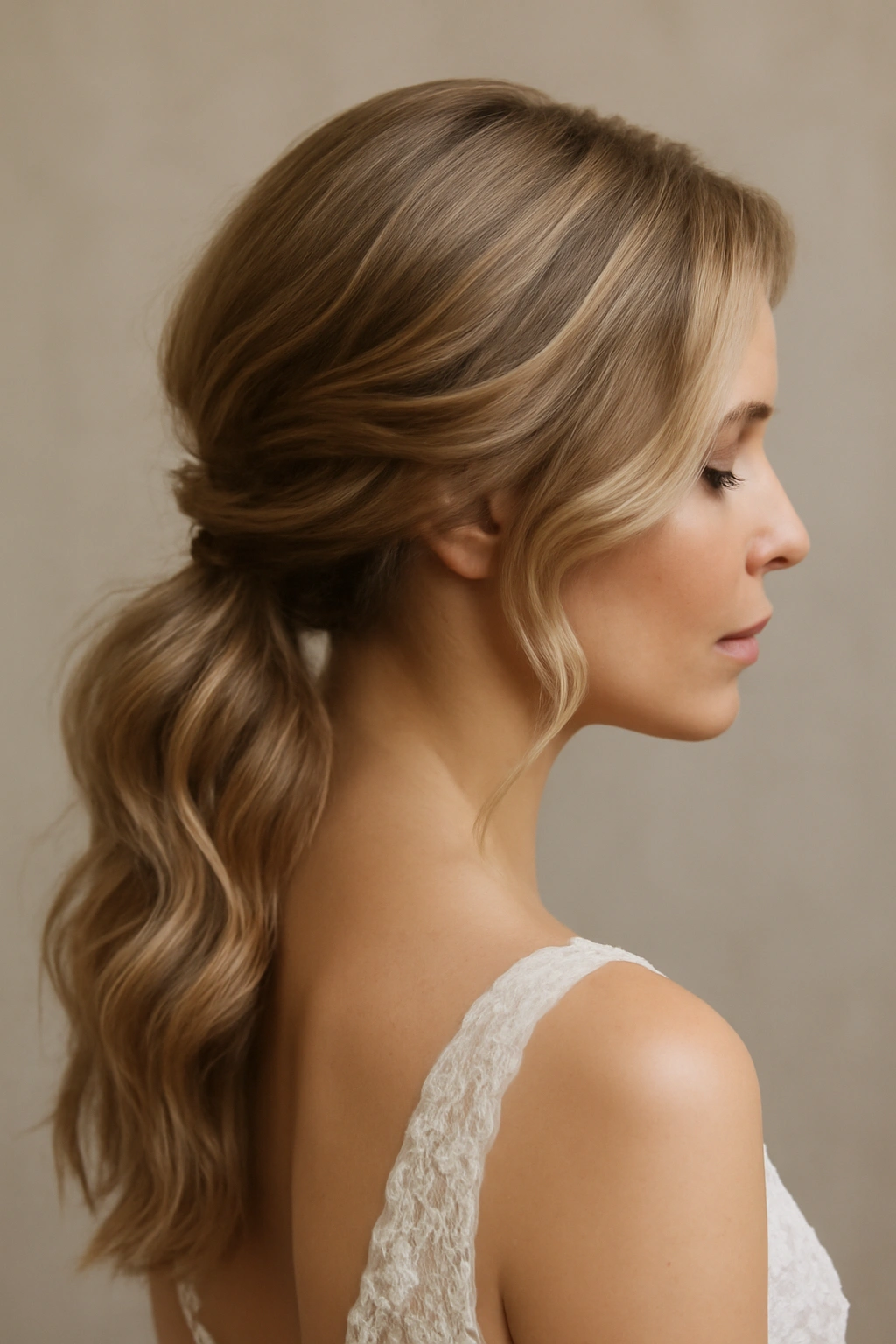12 Dreamy Wavy Wedding Hairstyles for Every Length 8 Bridal soft waves forming a low side ponytail with gentle texture