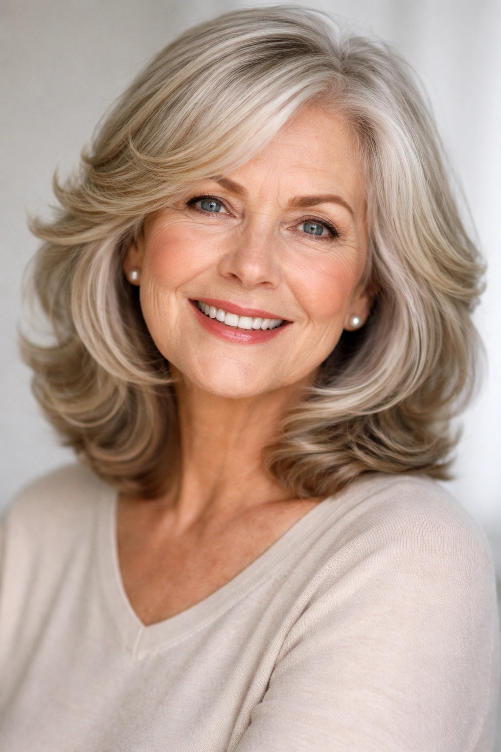 15 Hairstyles For Women Over 70 With Fine Hair 5 Portrait of a woman with soft waves and rounded layers.