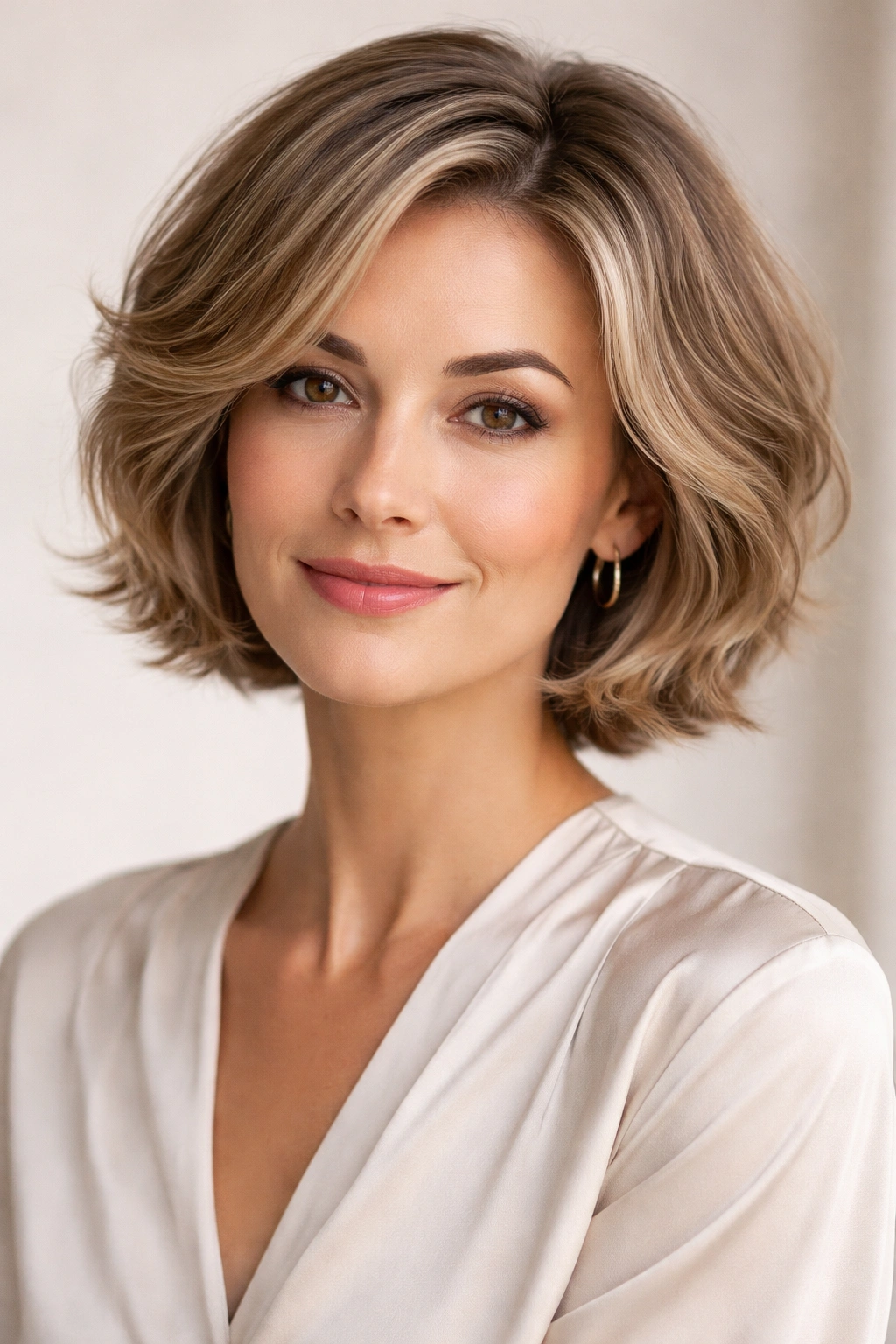 15 Short Haircuts For Women In Their 40s And 50s 10 Portrait of a woman with a soft waves short cut, polished and feminine.