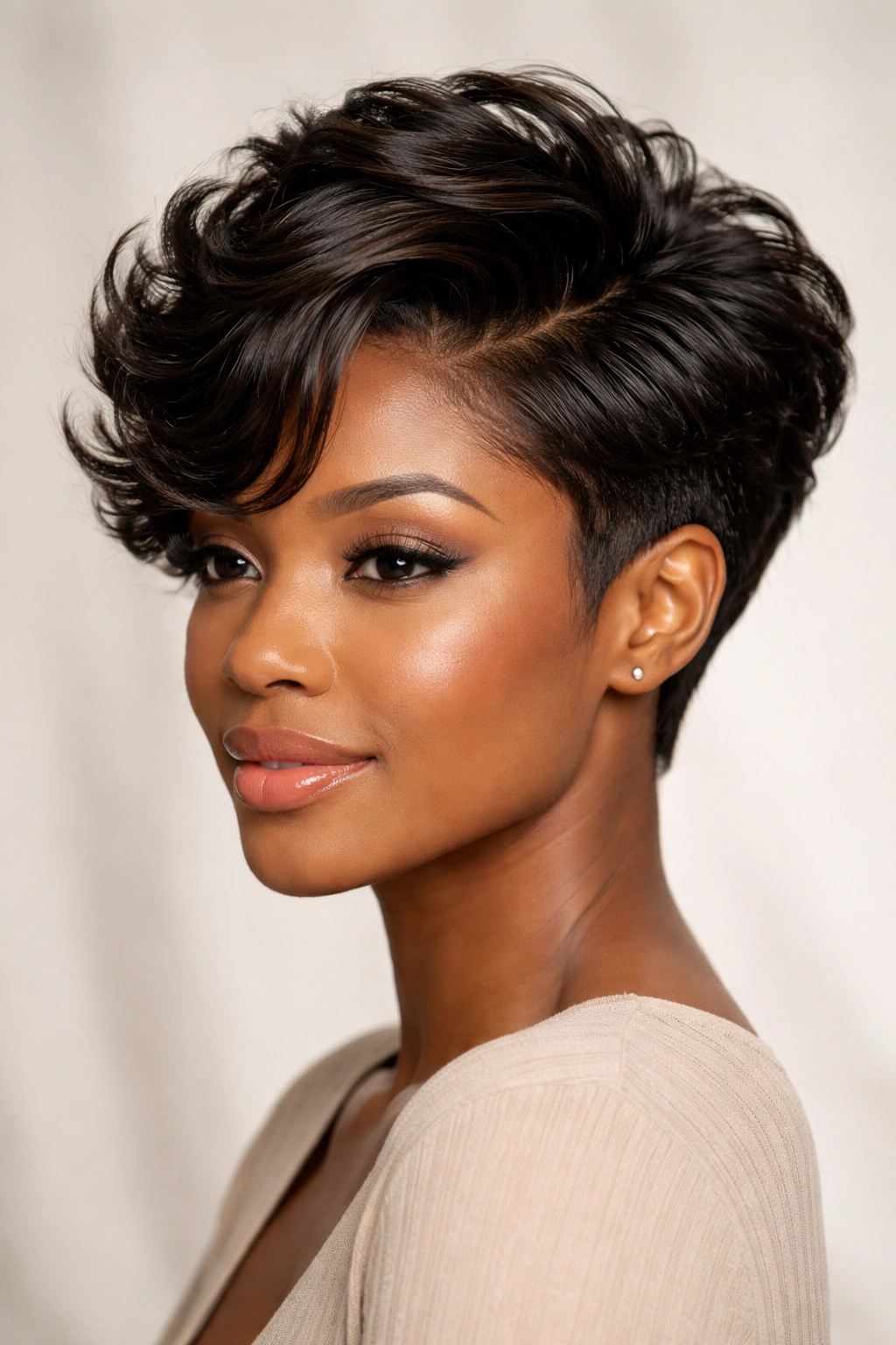 Soft waves on a short top hairstyle in a studio portrait with volume