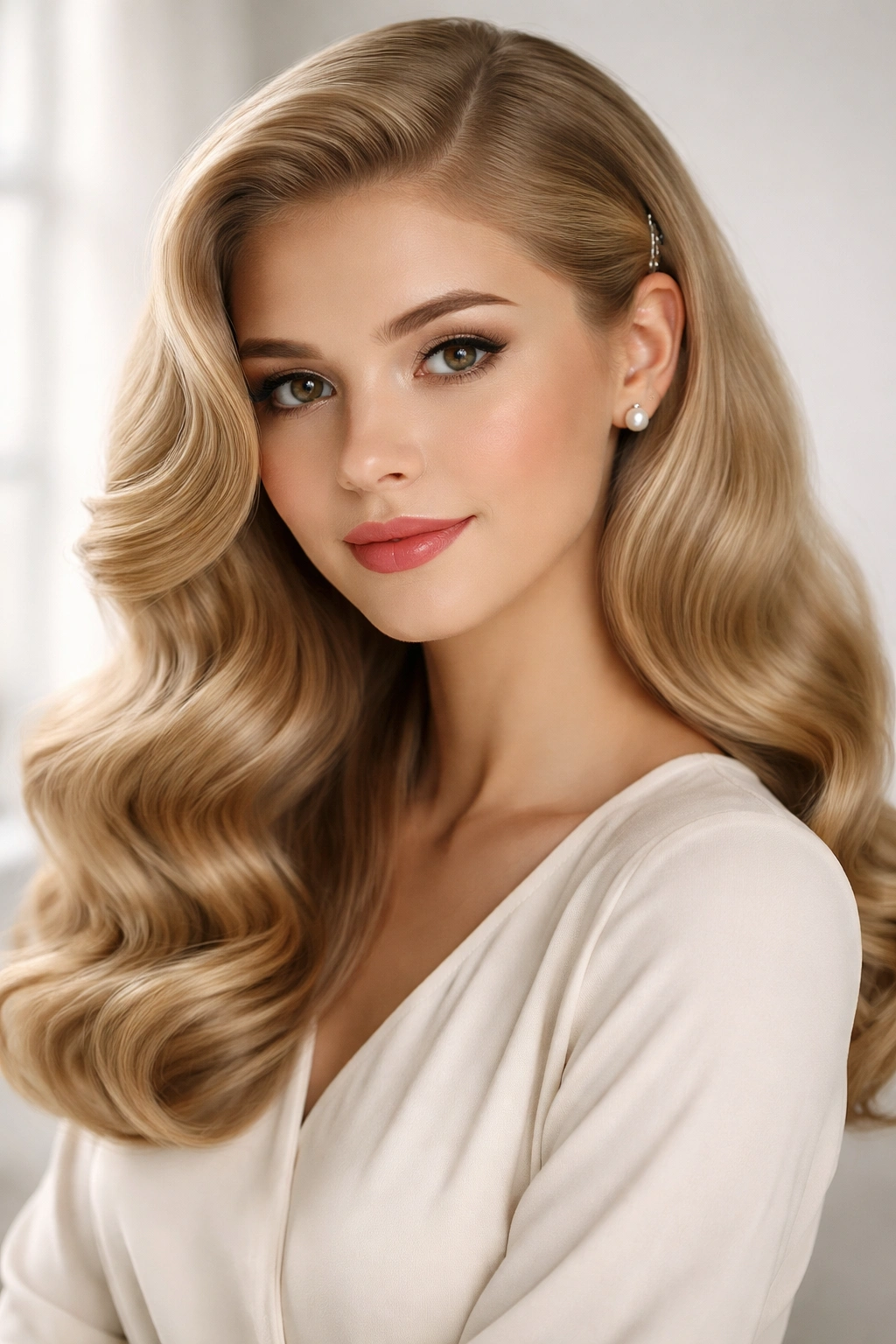 Soft Hollywood waves with deep side part