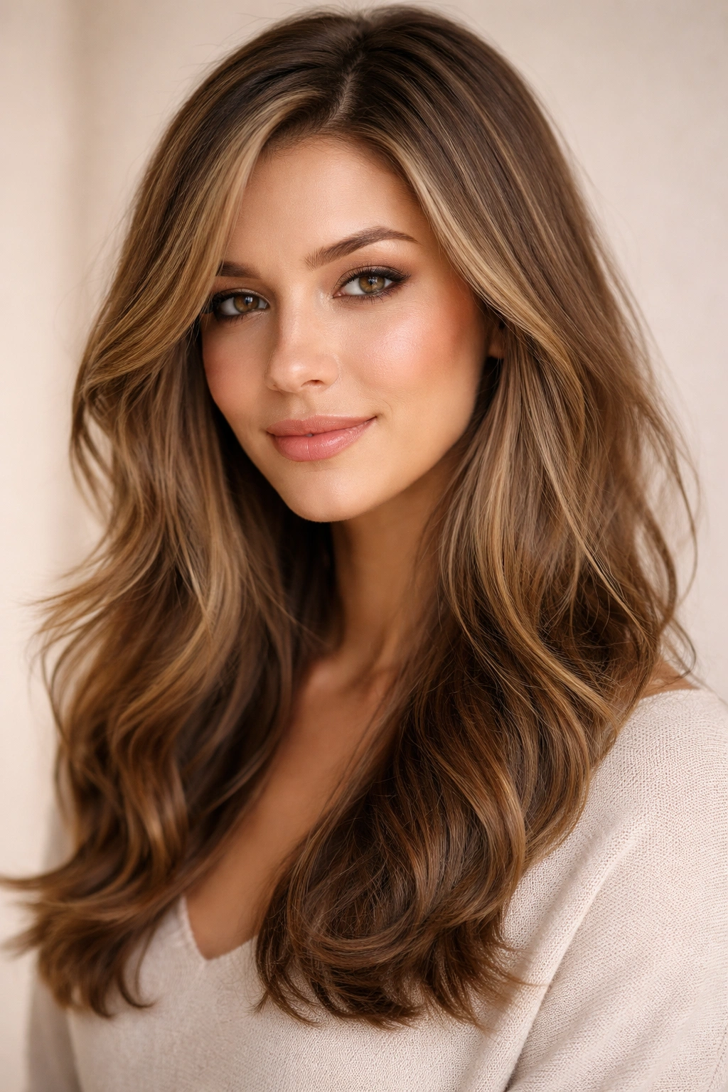 Close-up of side-parted hair with soft waves and face-framing pieces