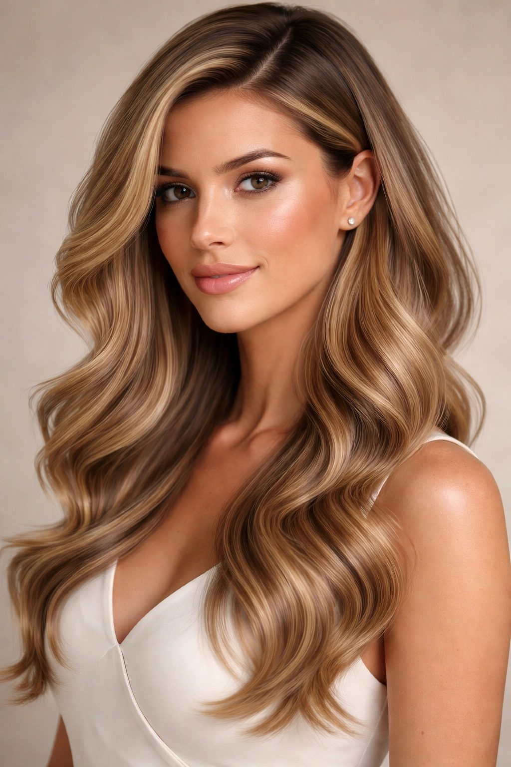 Long hair with deep side part and soft, flowing waves in a studio portrait.