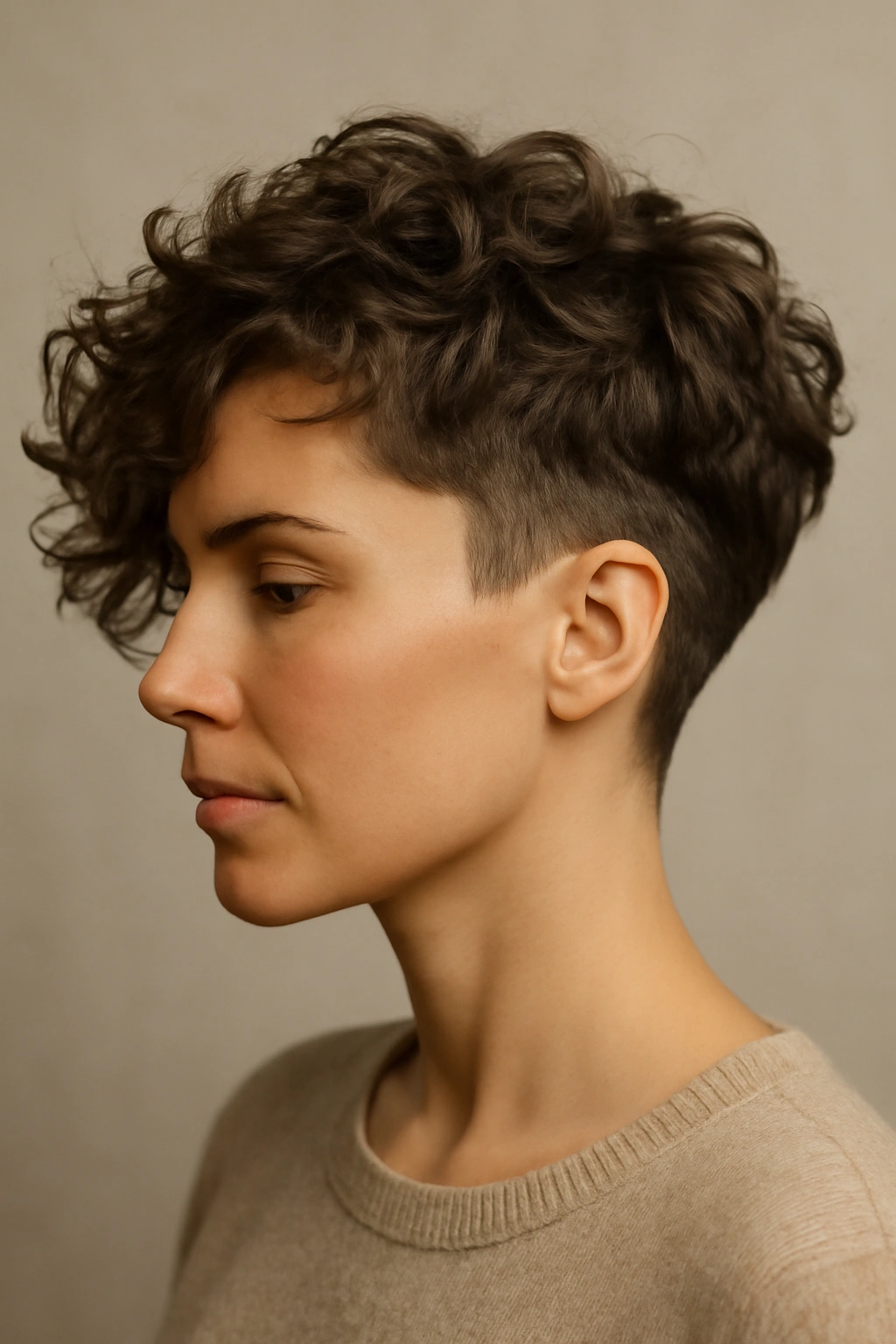 Close-up of a woman with soft waves and a hidden undercut at the nape