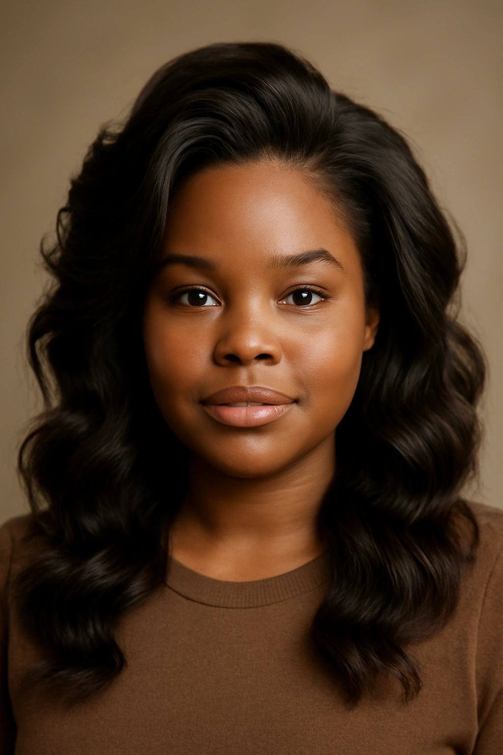 12 Flattering Hairstyles for Black Women With Round Faces 5 Black woman with soft waves and crown volume