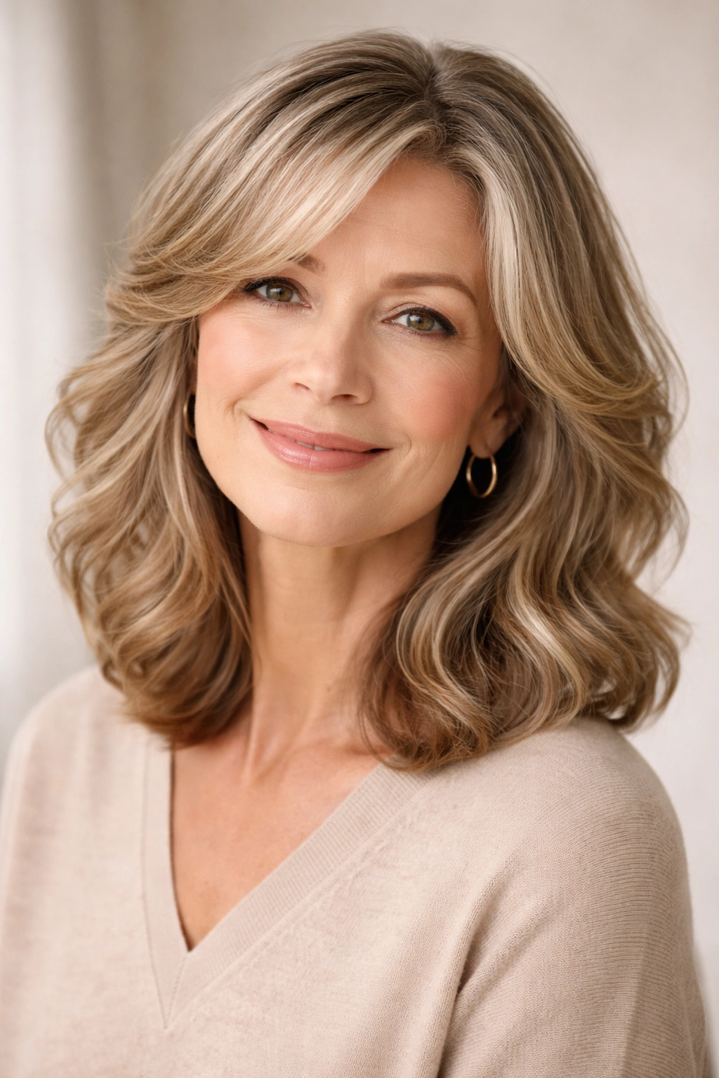 Shoulder-length hairstyle with soft waves on a mature woman in a neutral studio.