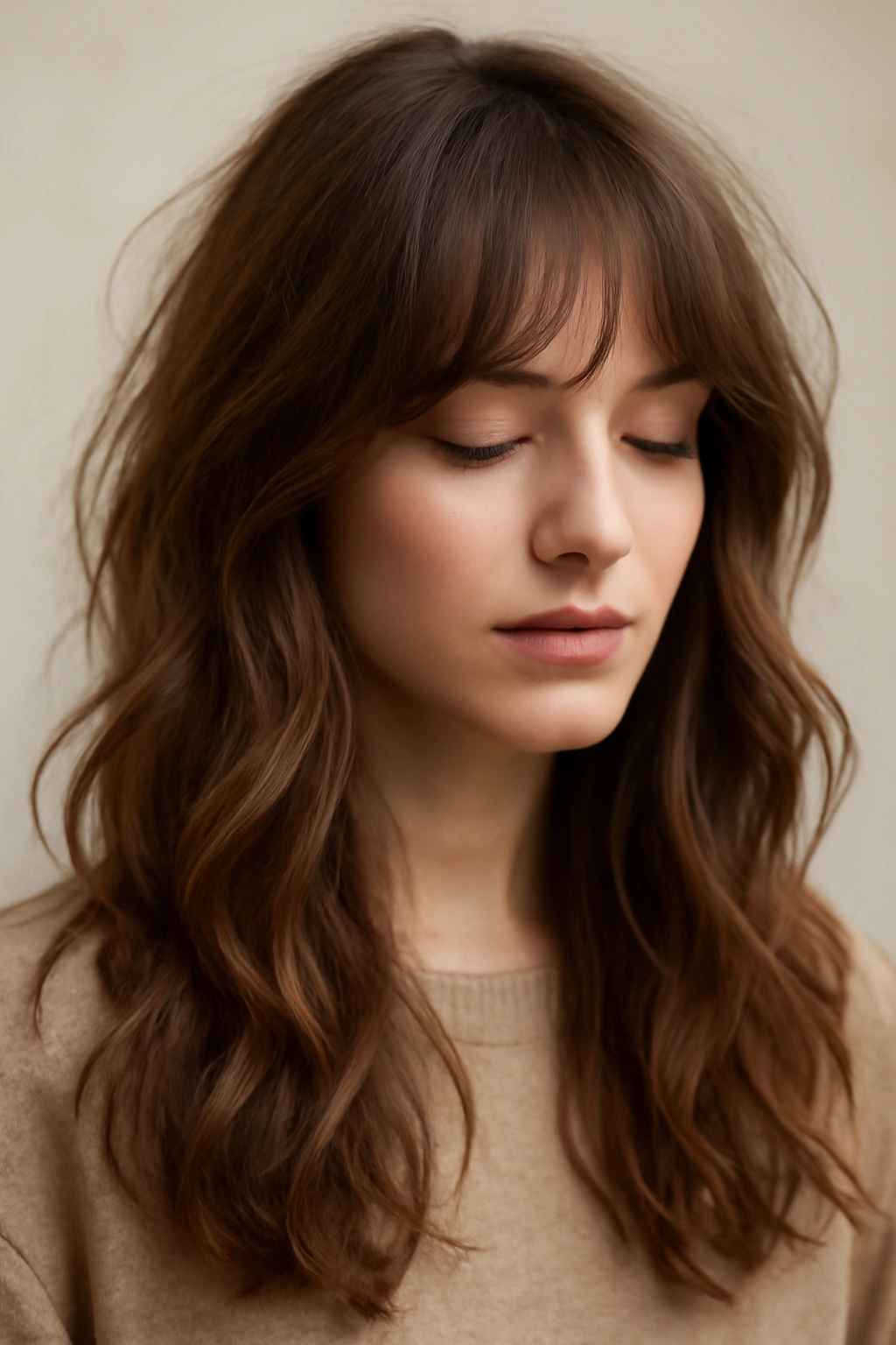 25 Effortless Long Hair Hairstyles Every Woman Needs 13 Close-up of soft tousled waves with wispy bangs framing the face