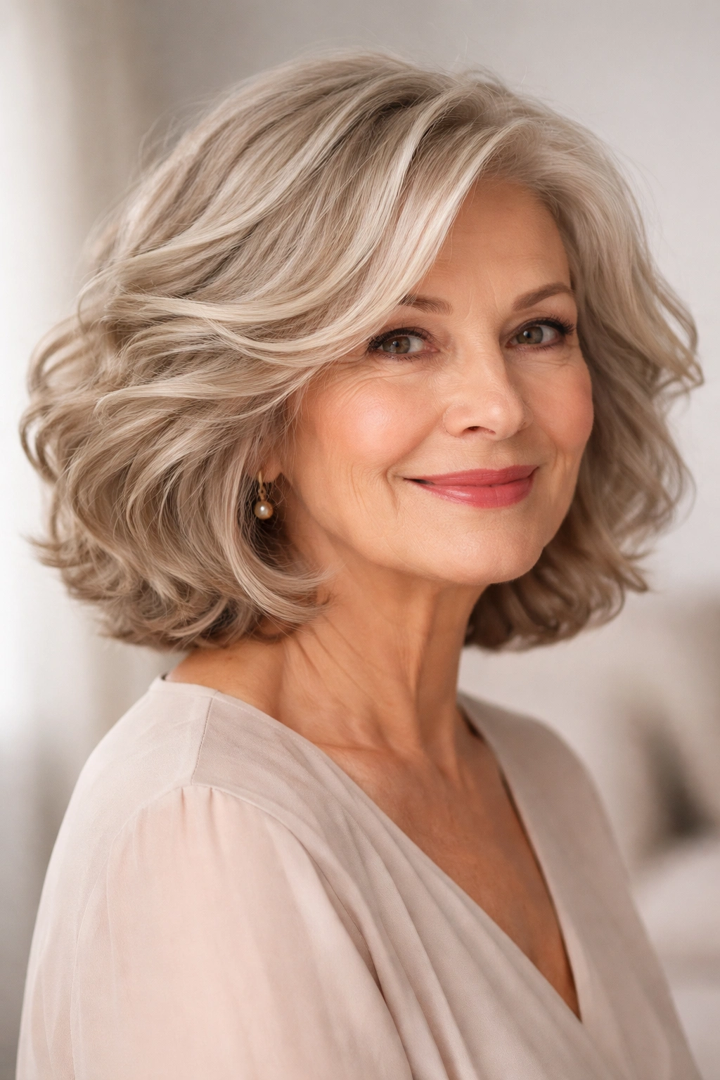 Senior woman with soft wavy bob and face-framing waves.