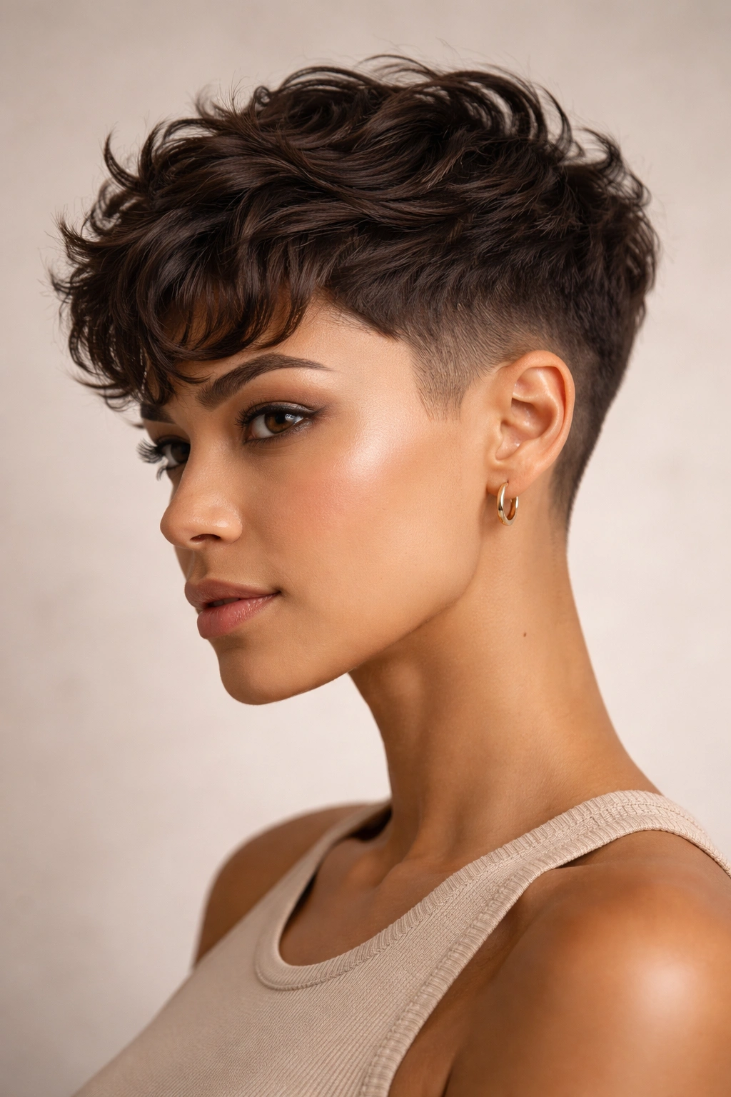 Pixie with soft textured waves atop and a tight fade on the sides.