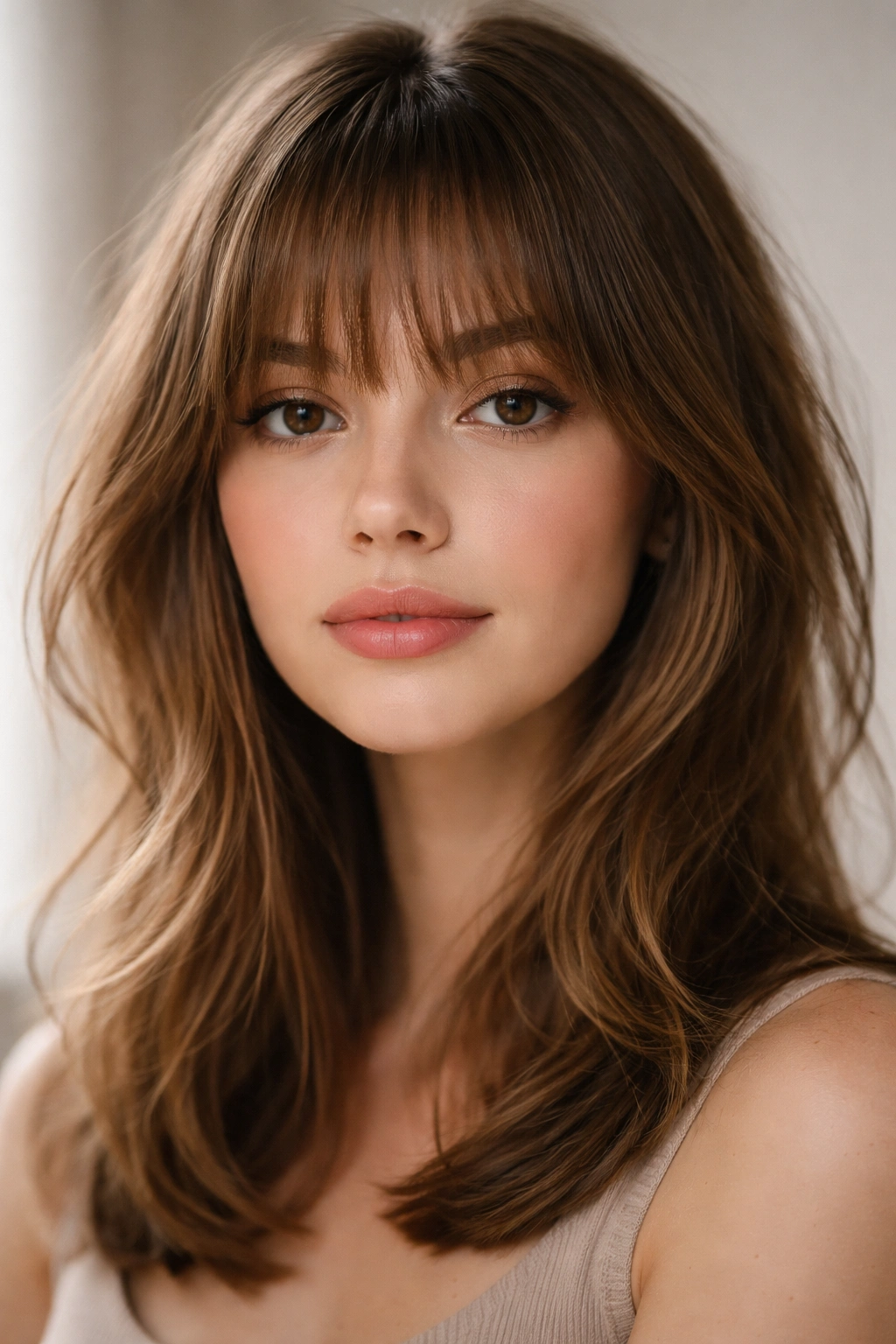 10 Front Baby Cut Styles That Are Everywhere Now 1 Close-up portrait of soft wispy bangs at eyebrow level with feathered ends
