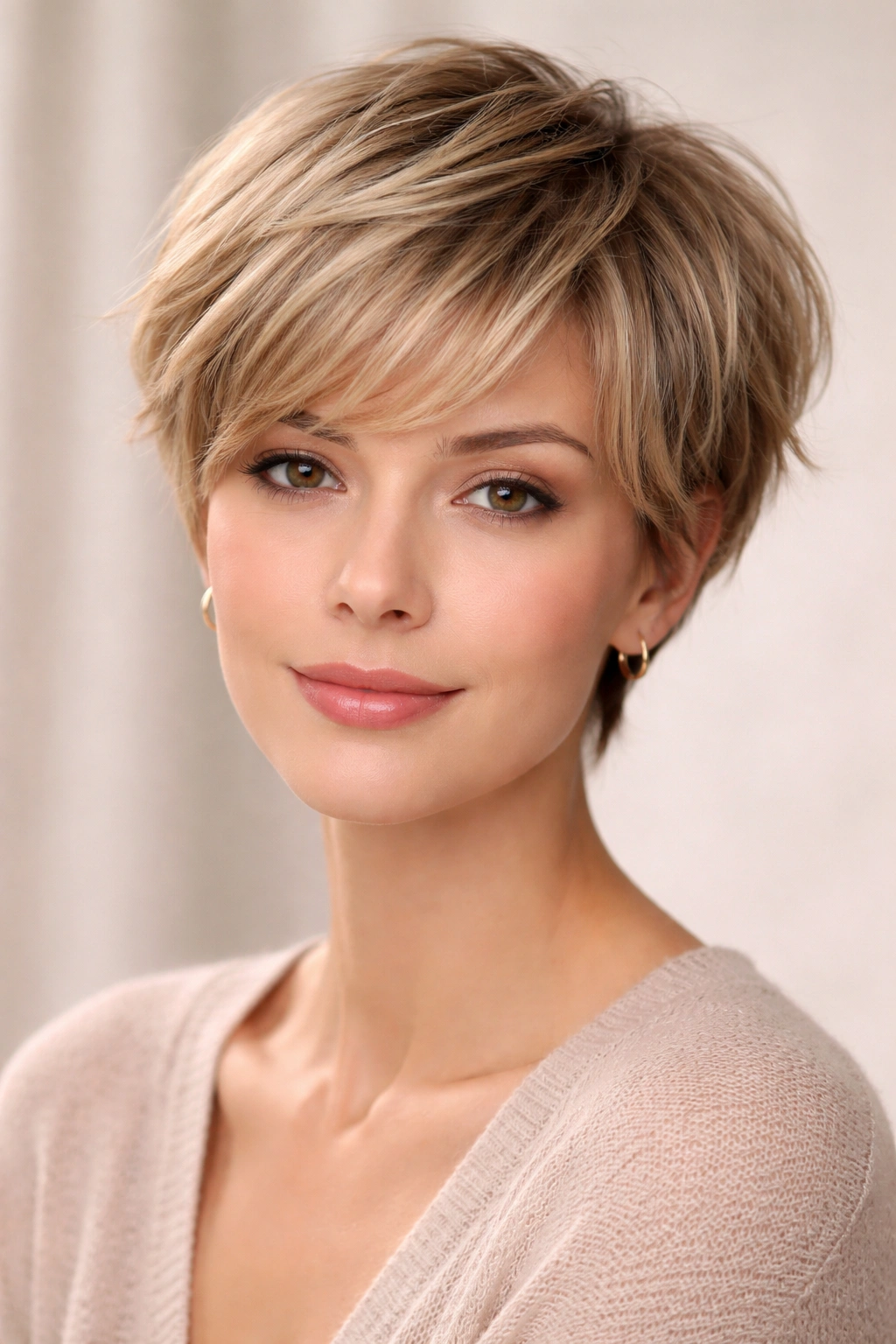 Close-up portrait of a woman with a soft wispy pixie cut featuring feathered layers.