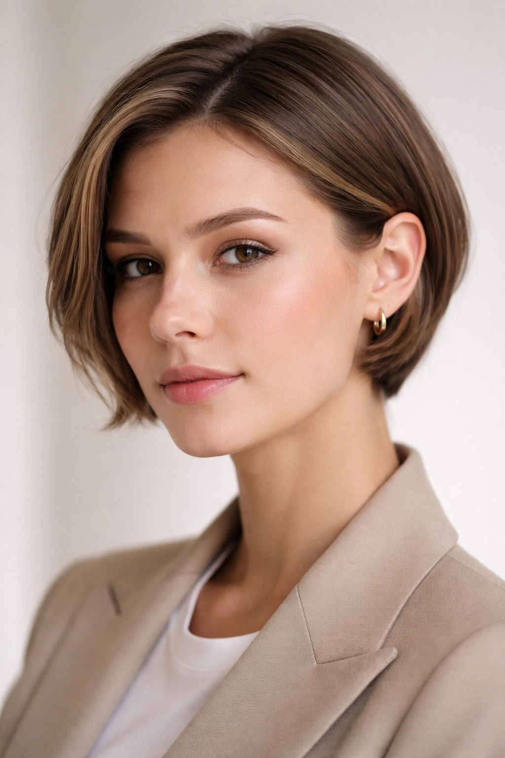 Close-up portrait of a person with an ear-length soft crop tucked behind the ears.