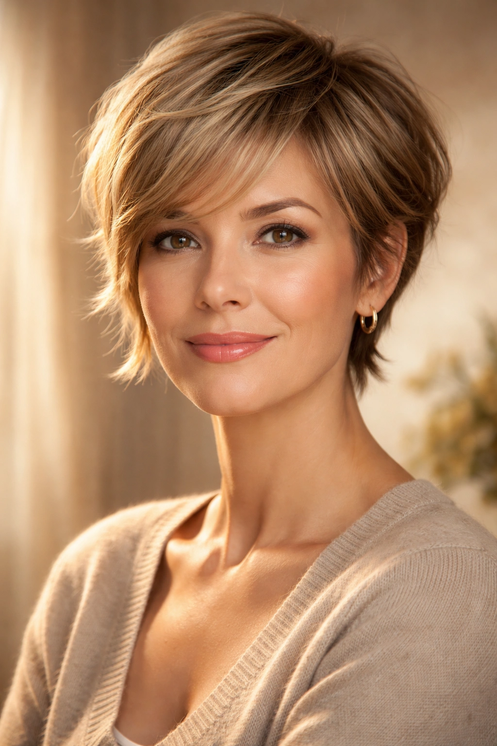 Portrait of a mature woman with an oval face and a softly textured pixie in warm studio light