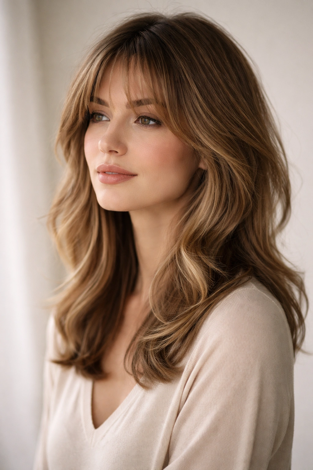 Close-up portrait of a person with a soft layered feminine haircut and natural texture in neutral studio lighting