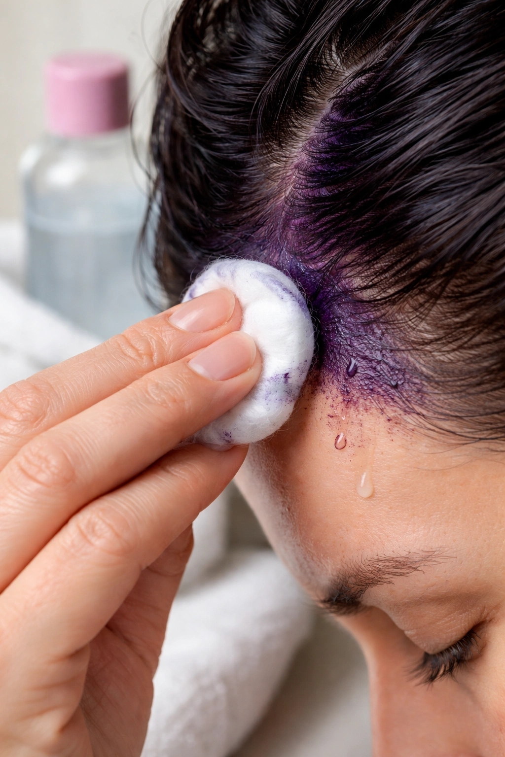 Cotton ball applying solvent to hair dye stain on skin