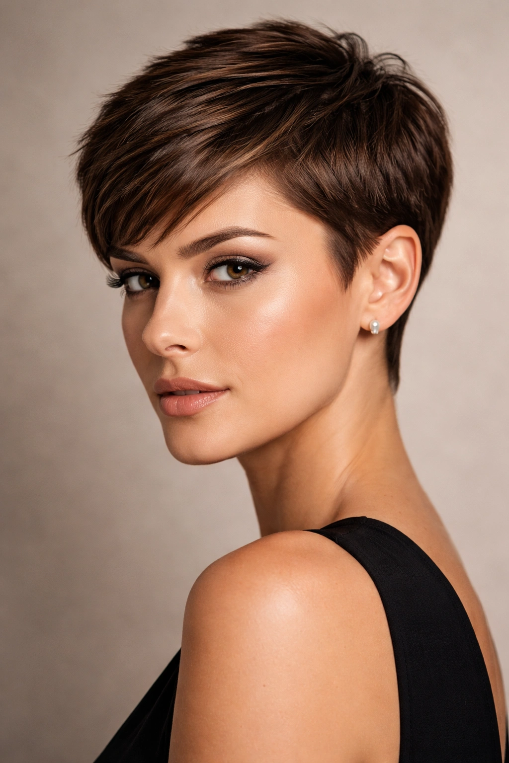 Portrait of a model with a polished sophisticated crop featuring clean lines