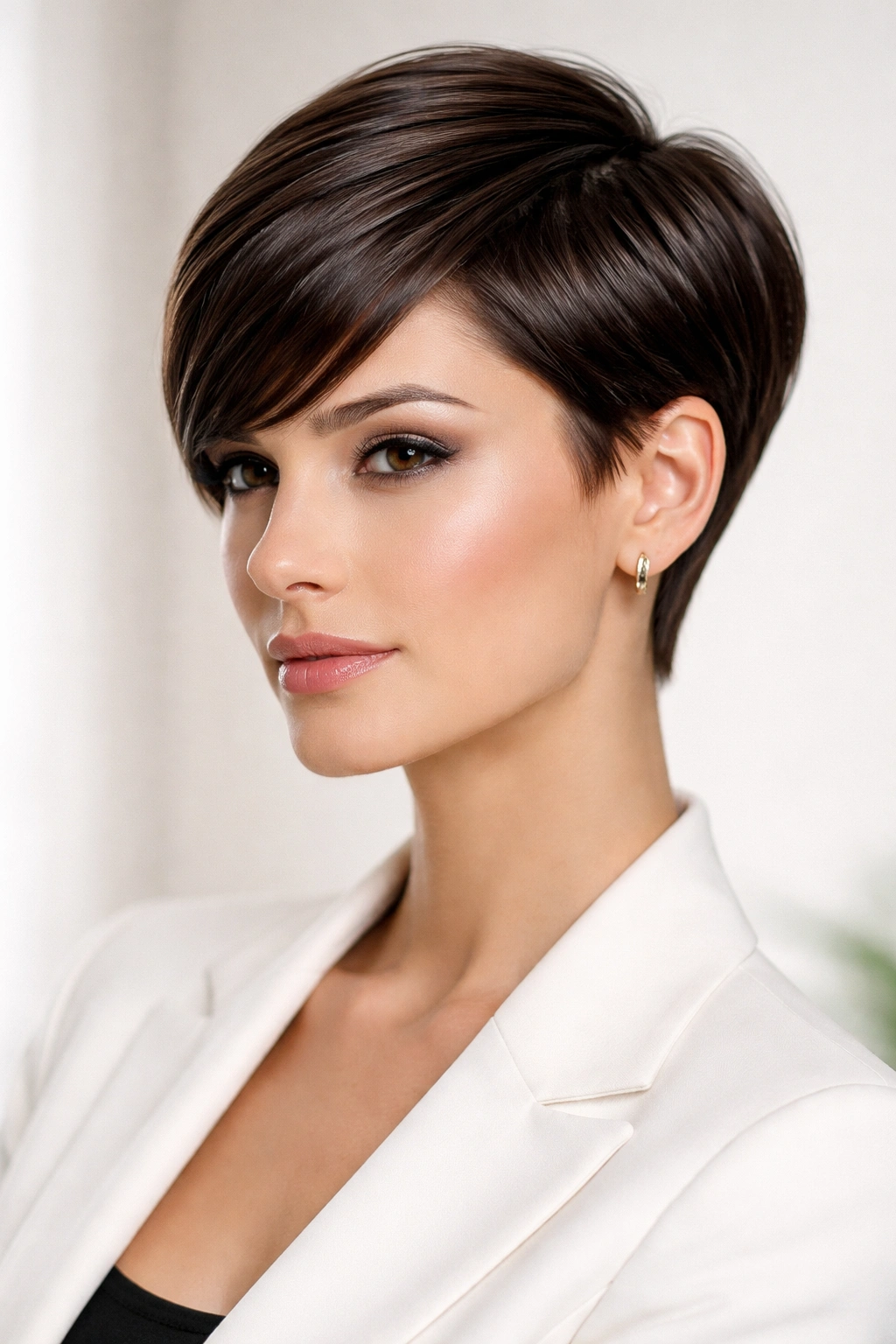 Portrait of a professional with a sophisticated sleek pixie and longer front piece