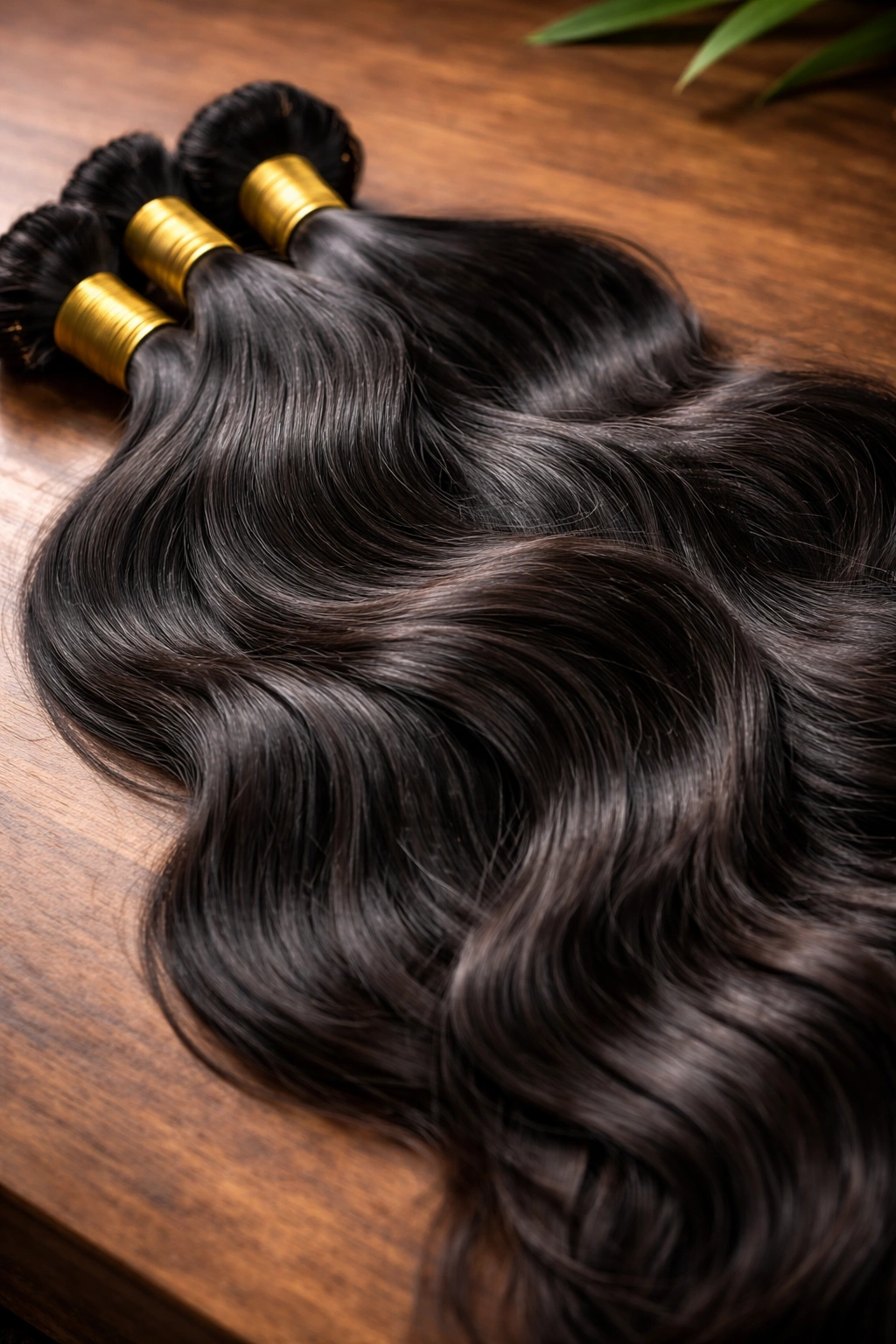 Hair bundle with natural texture on warm wood background