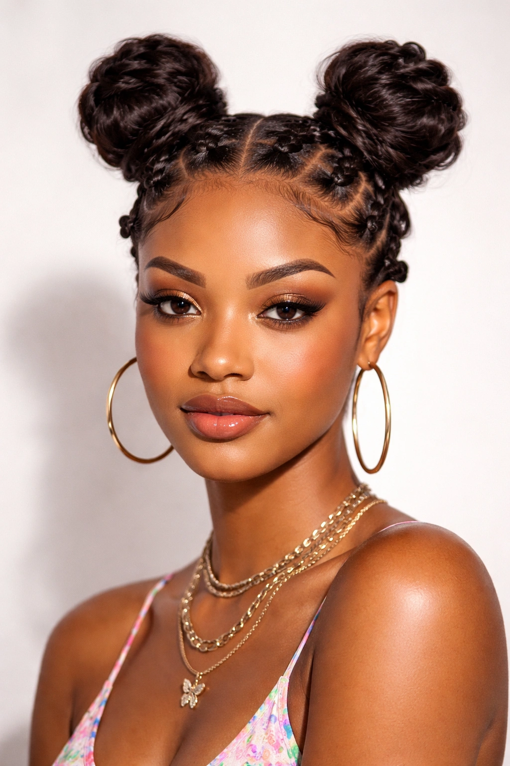 Two space buns with bantu knots for a festival-ready look