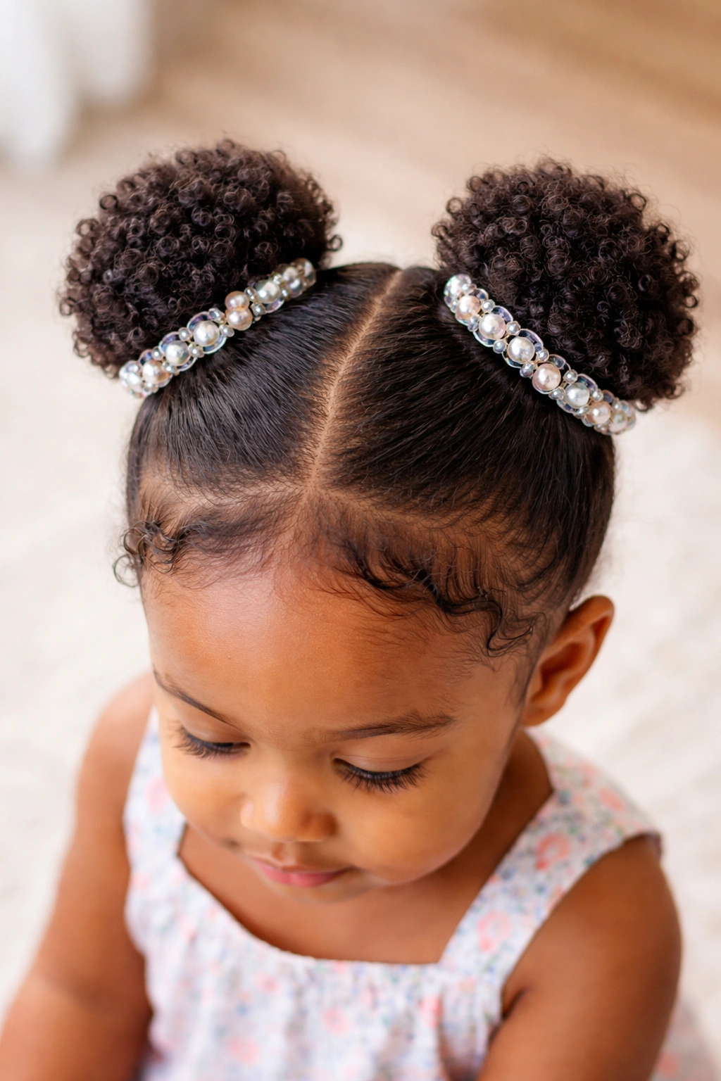 Two space buns with beaded accents around the bases