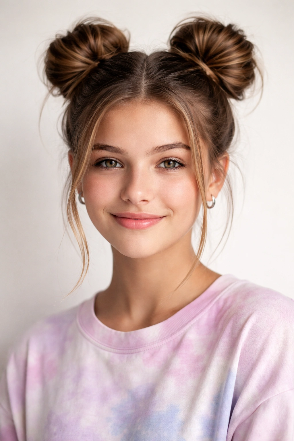 Space buns hairstyle with two top buns on teen girl