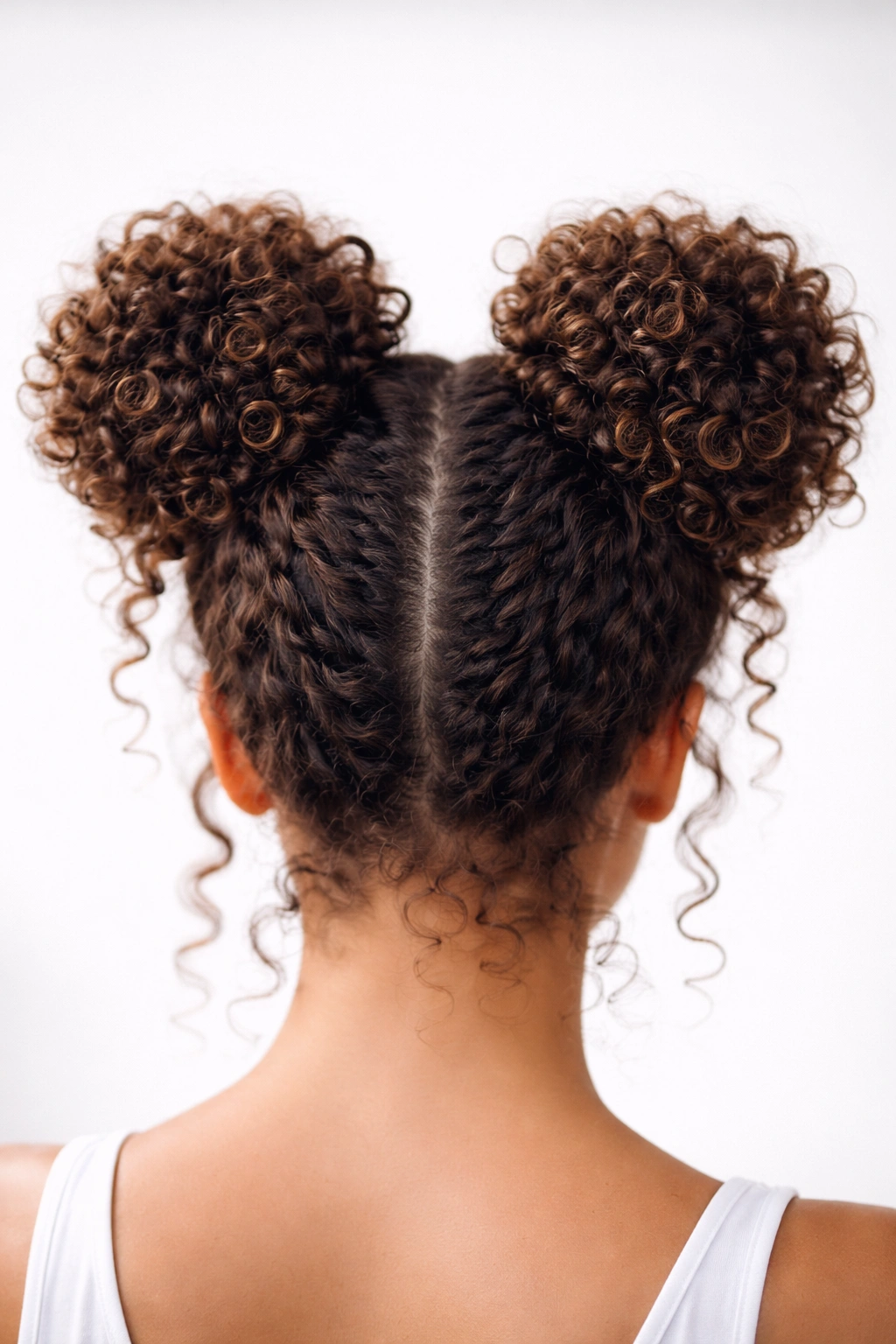 Two high space buns on curly hair with voluminous texture