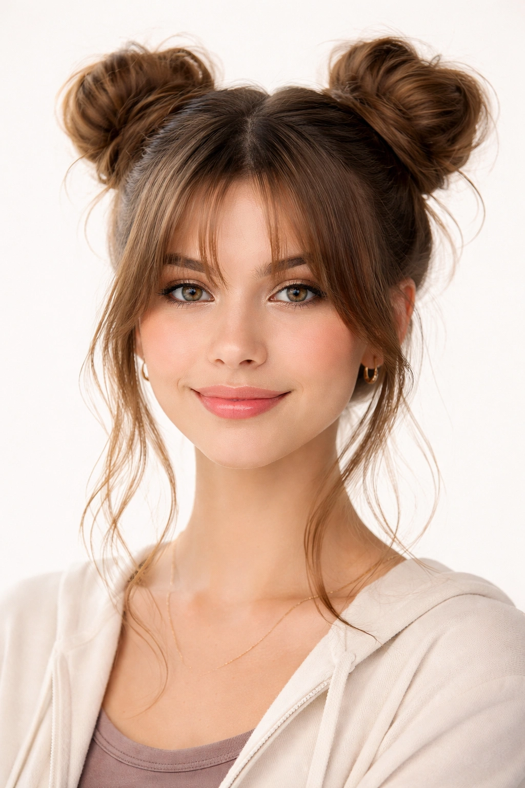 Two space buns with curtain bangs on a model in a studio