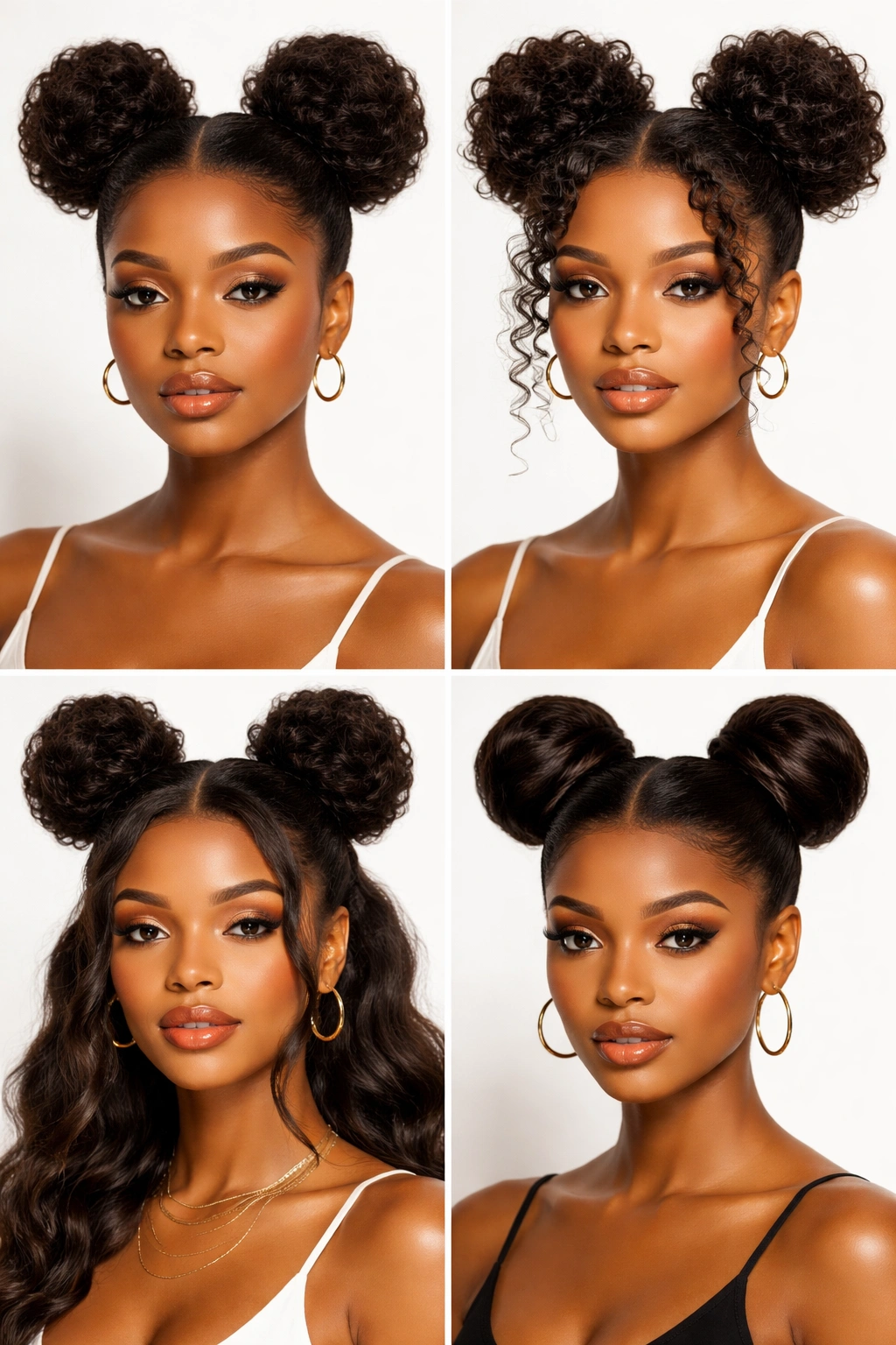 Two high space buns on top of head with textured hair