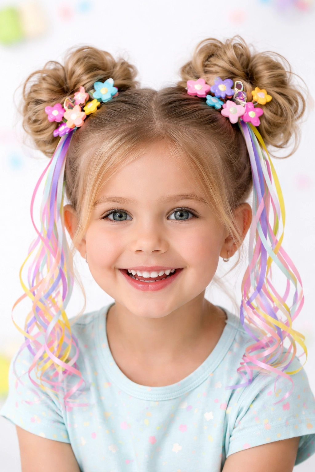 Two high space buns with colorful accessories