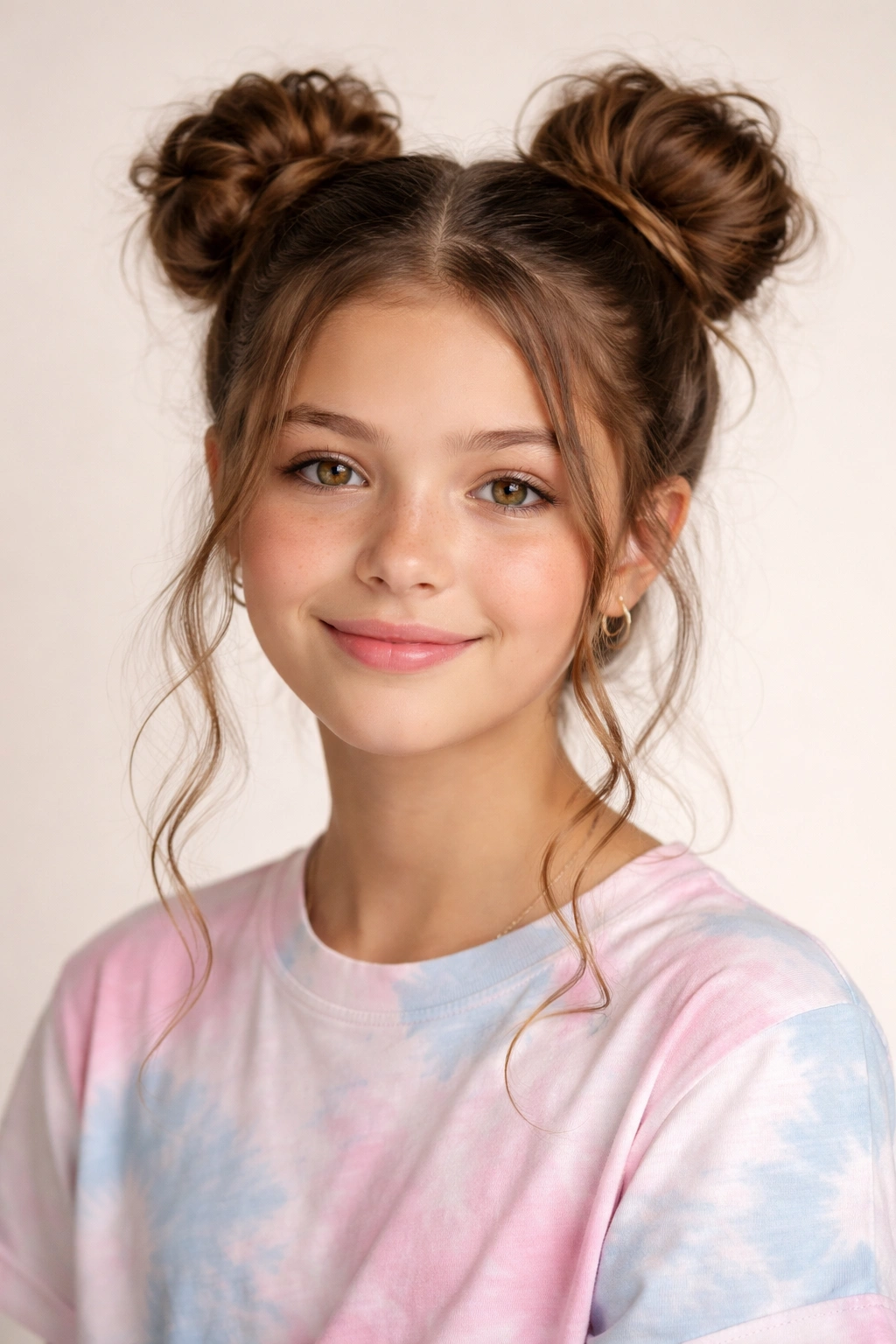 Close-up portrait of a teen with two high space buns and curly hair, face-framing strands