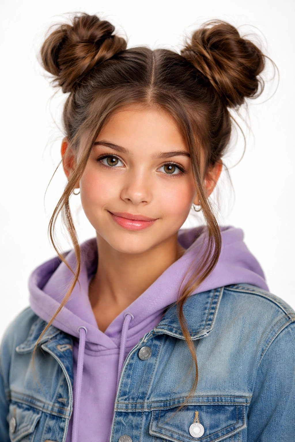 Two high space buns on a crown with loose strands