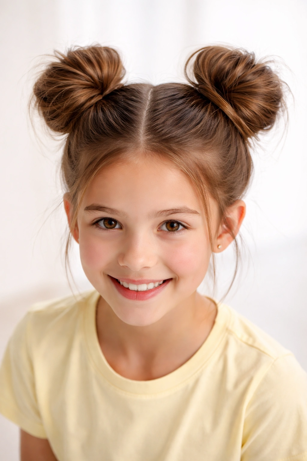 Two high space buns on a centered head with a clean backdrop