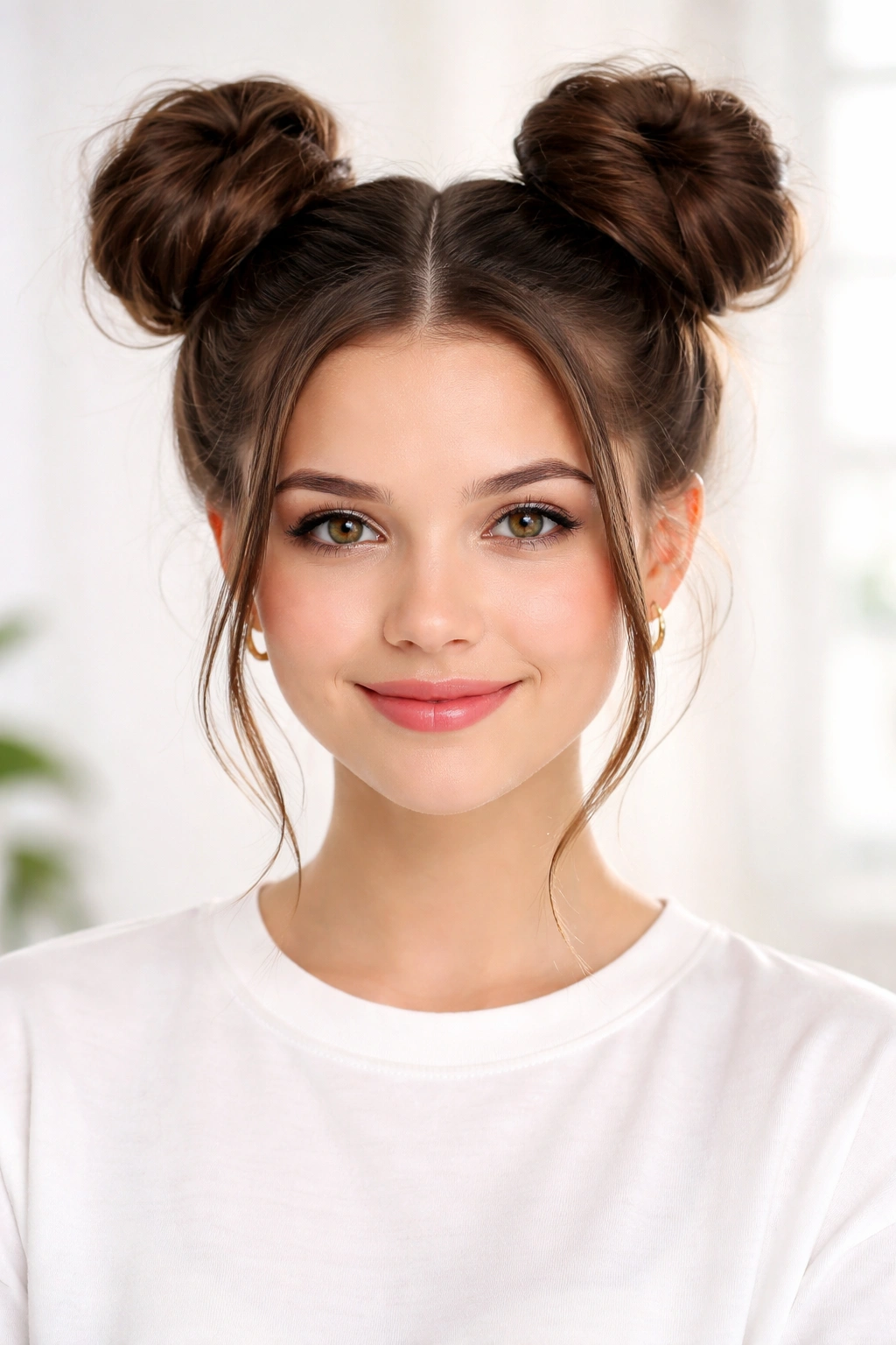 Space buns with two high buns on top of the head.