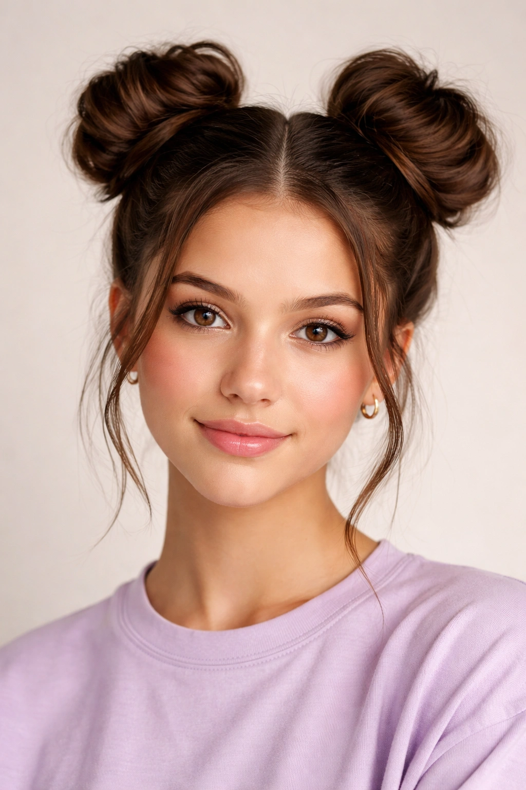 Close-up of two high space buns on thick long hair with a middle part