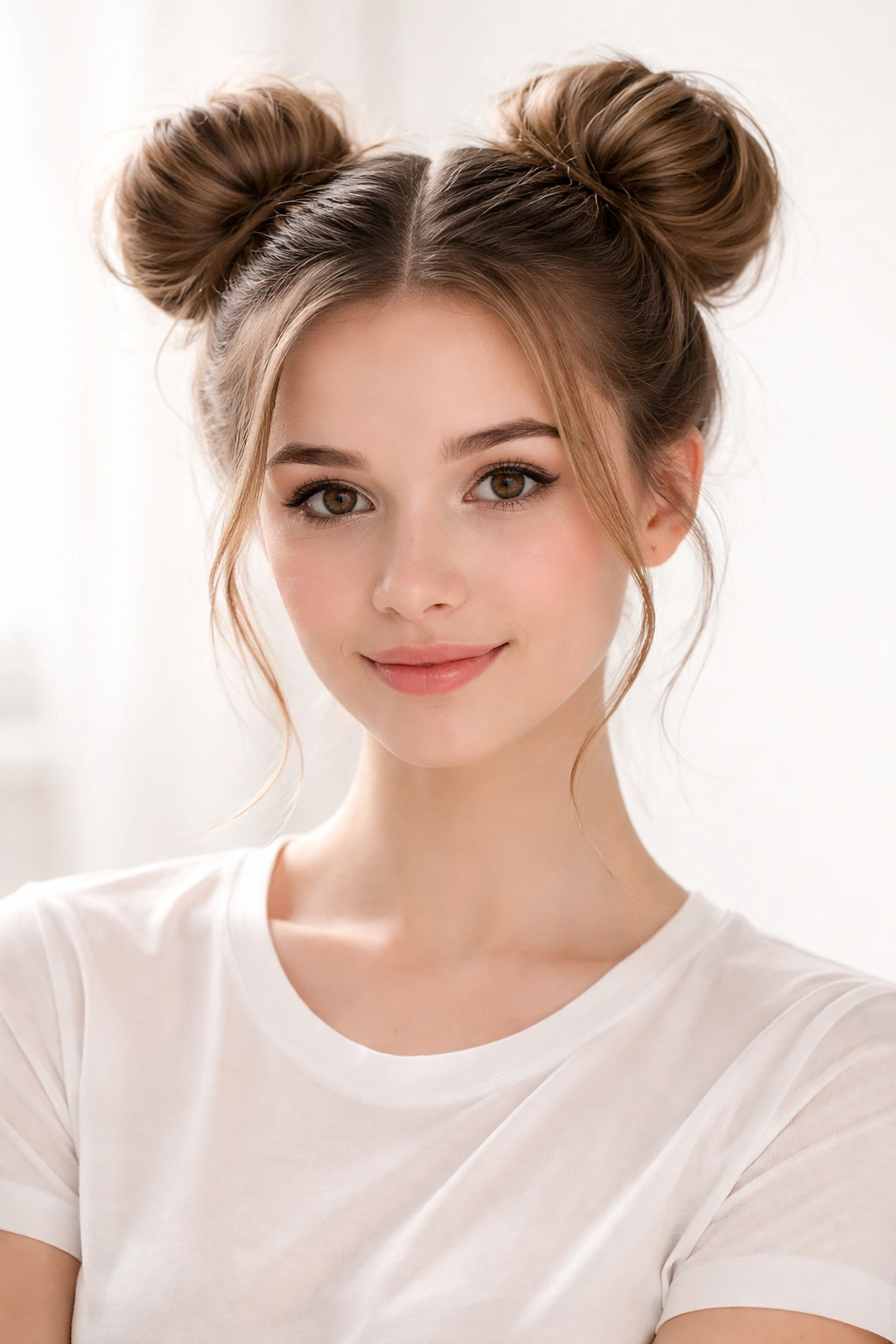 Head-and-shoulders view with two high space buns on either side