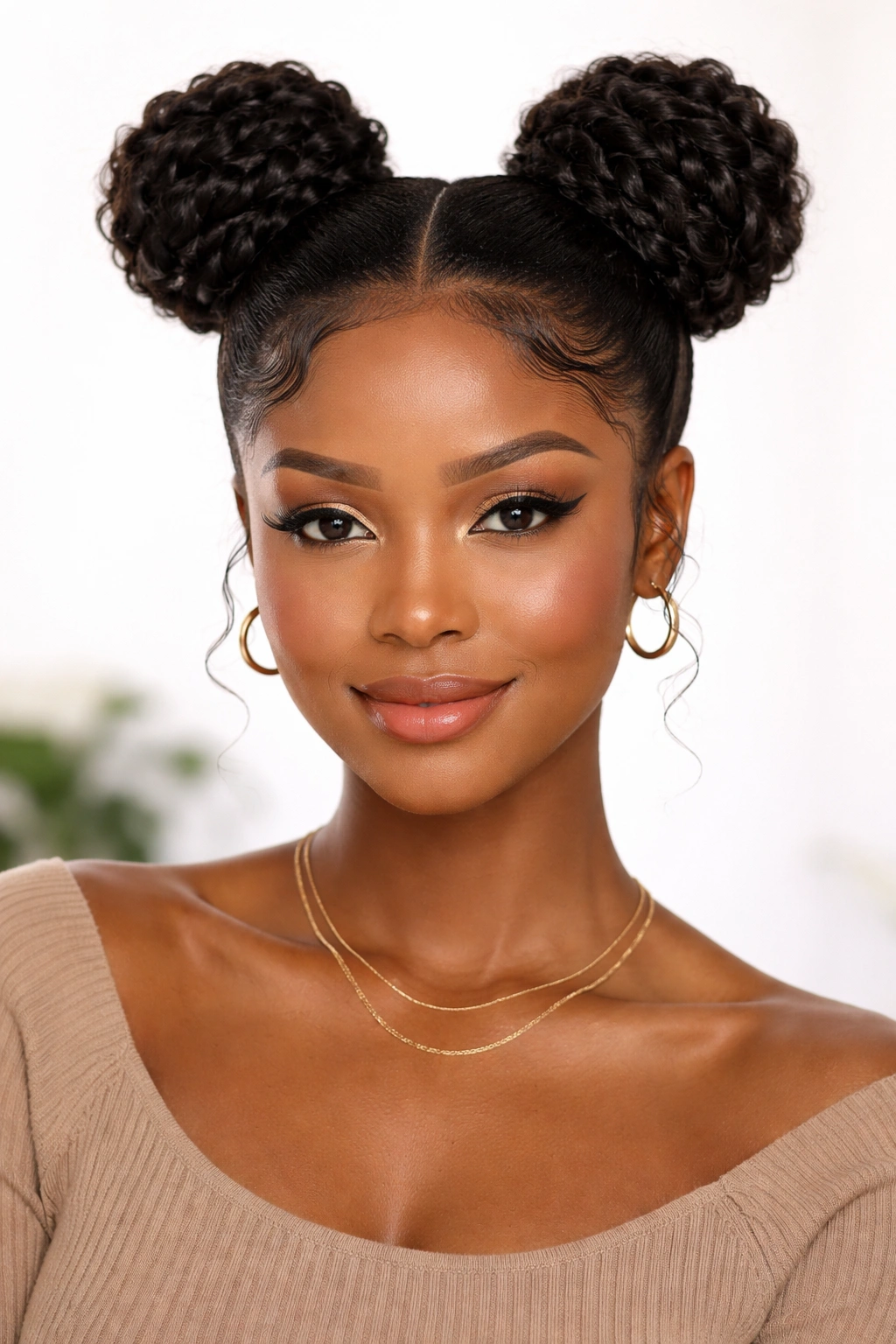 Two space buns on top of the head with clean, smooth sections