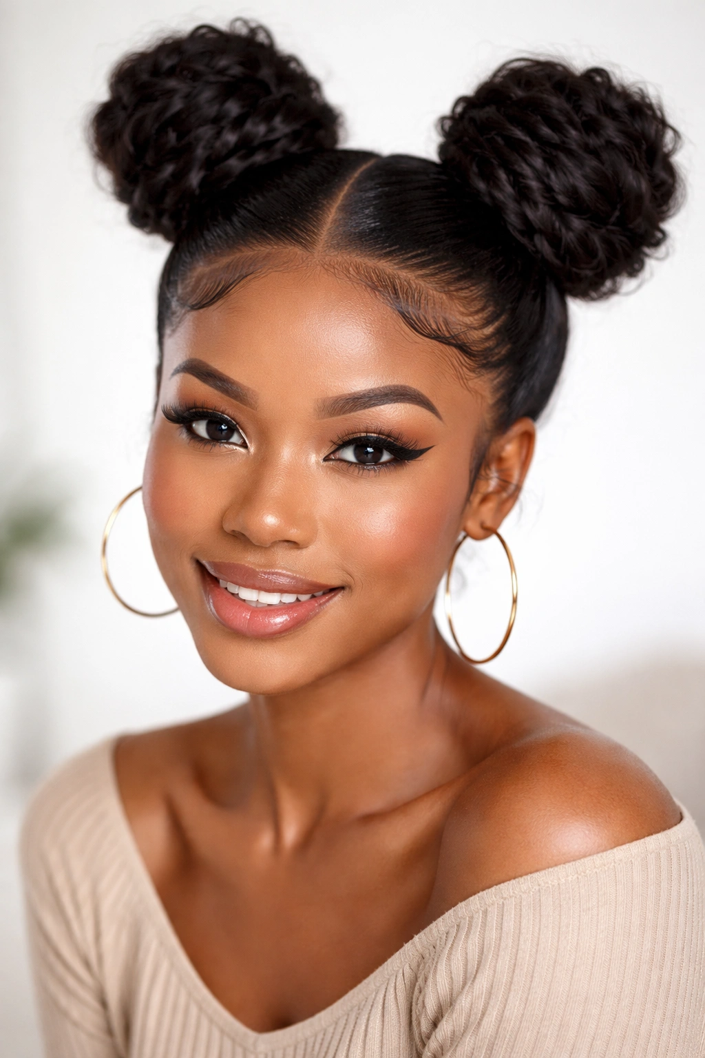 Two space buns on top of the head, playful and symmetrical