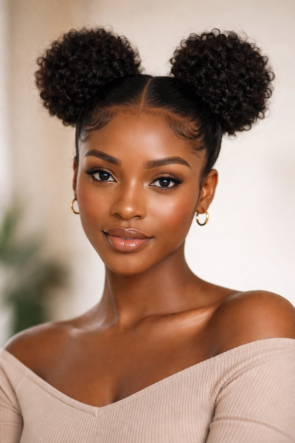 12 Cute And Simple Hairstyles For Black Women 2 Two symmetrical space buns on natural hair seen from front