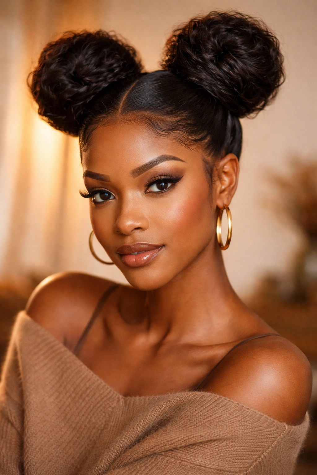 Portrait of oversized space buns on a head