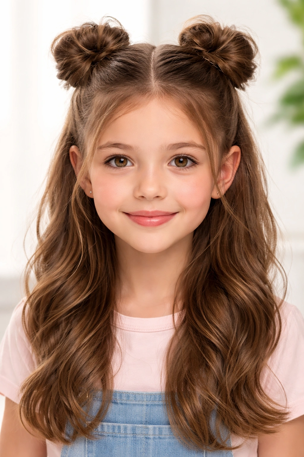 Portrait of a girl with two space buns on top of her head, hairstyle highlighted