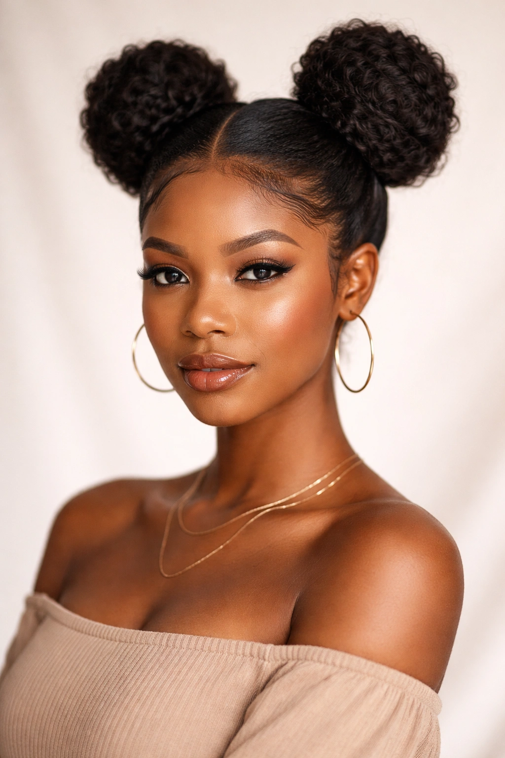 Two high space buns on a head with textured hair