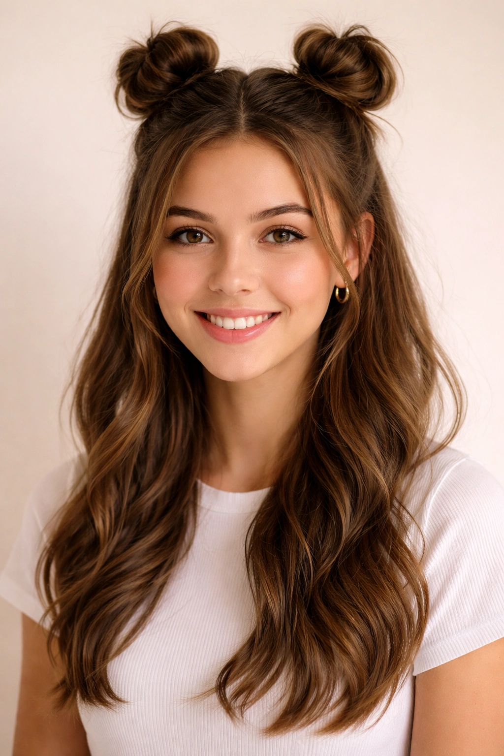 Half-Up Space Buns showing two small buns with bottom hair flowing down
