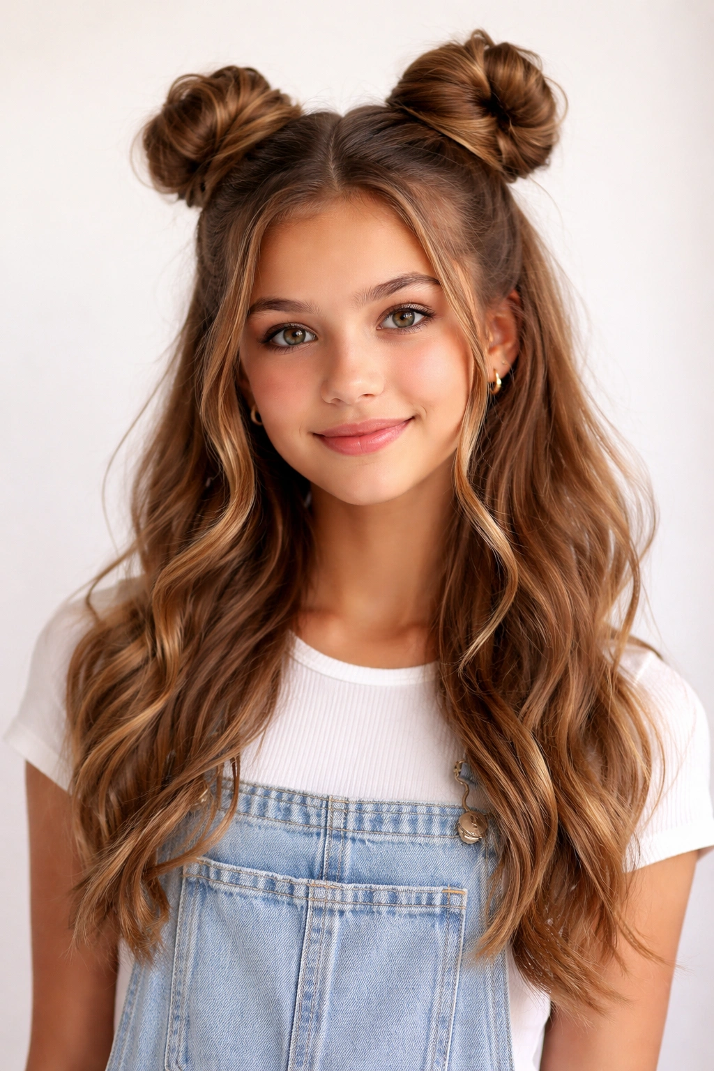 Close-up of space buns half-up hairstyle with two high buns and loose hair