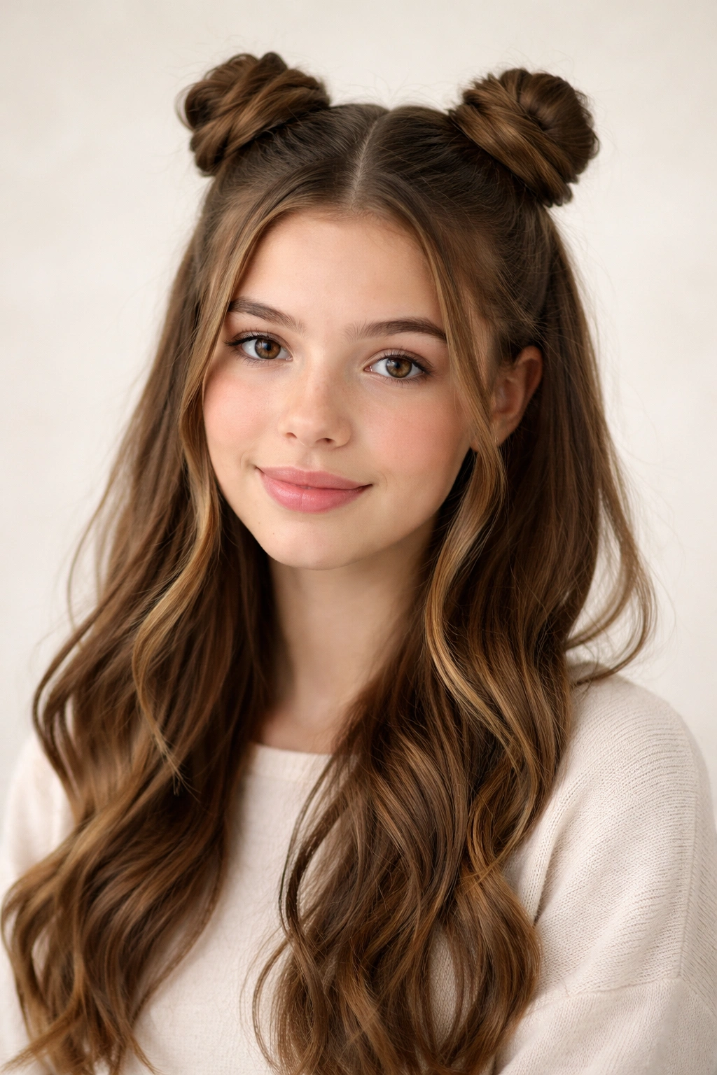 Close-up of teen girl with two small space buns at the front and loose hair, school-appropriate hairstyle