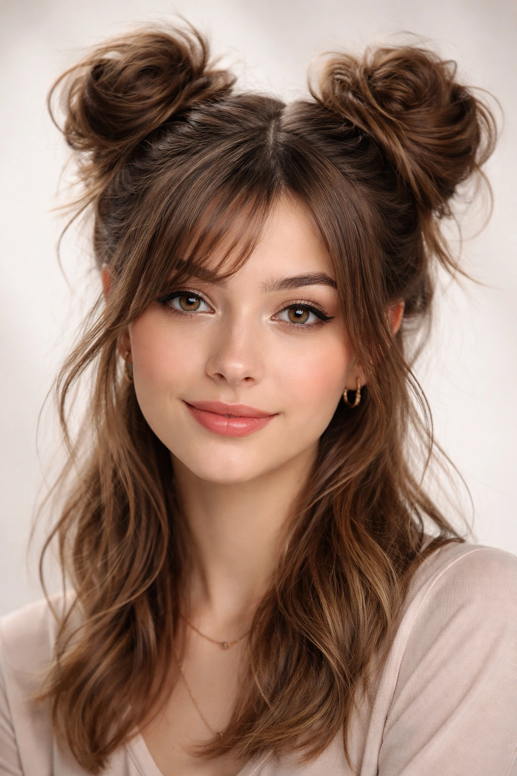 Headshot of space buns with layered textured hair and face-framing strands