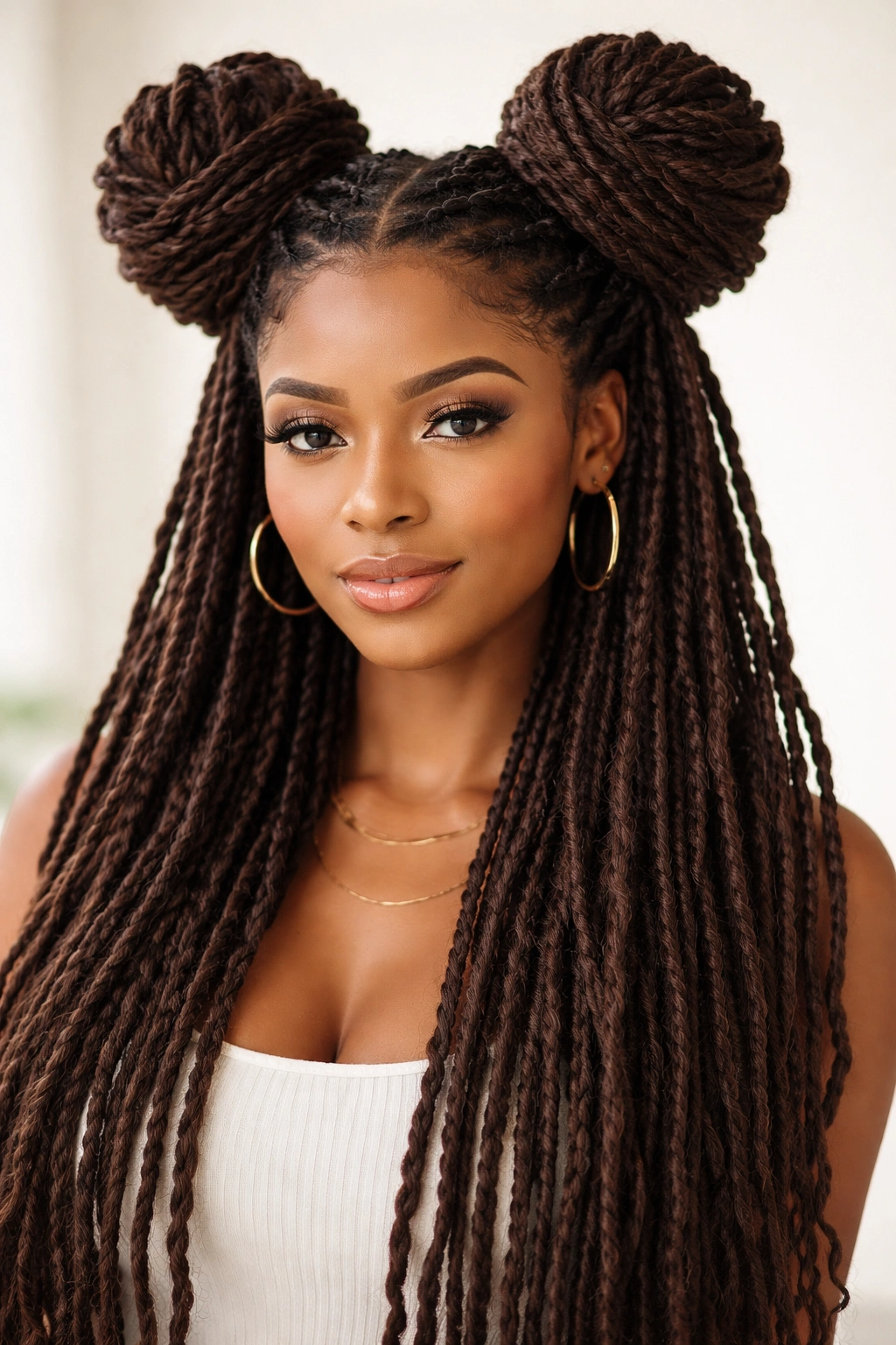 Two space buns made from long locs on each side of the head