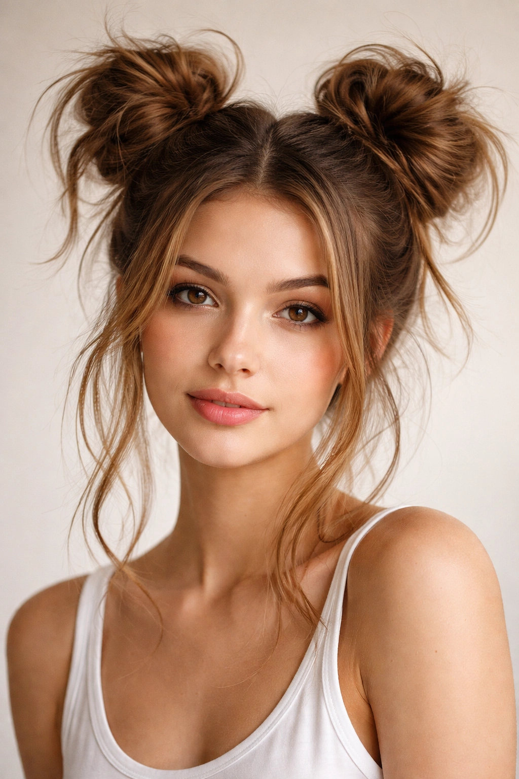 Two high messy space buns with loose ends and face-framing pieces
