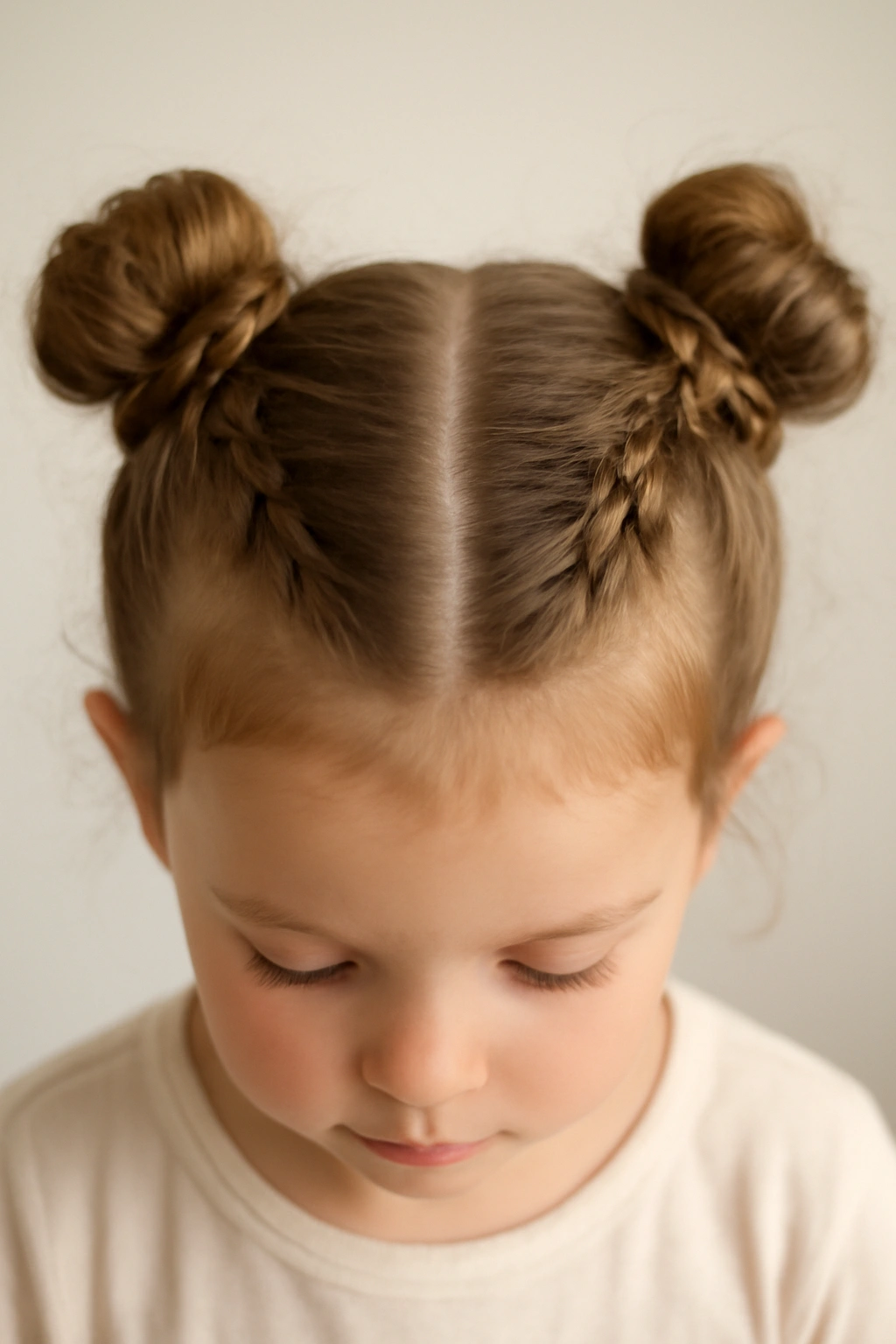 15 Quick and Easy Toddler Braids for Busy Mornings 10 Two high space buns with mini braids on a toddler's head